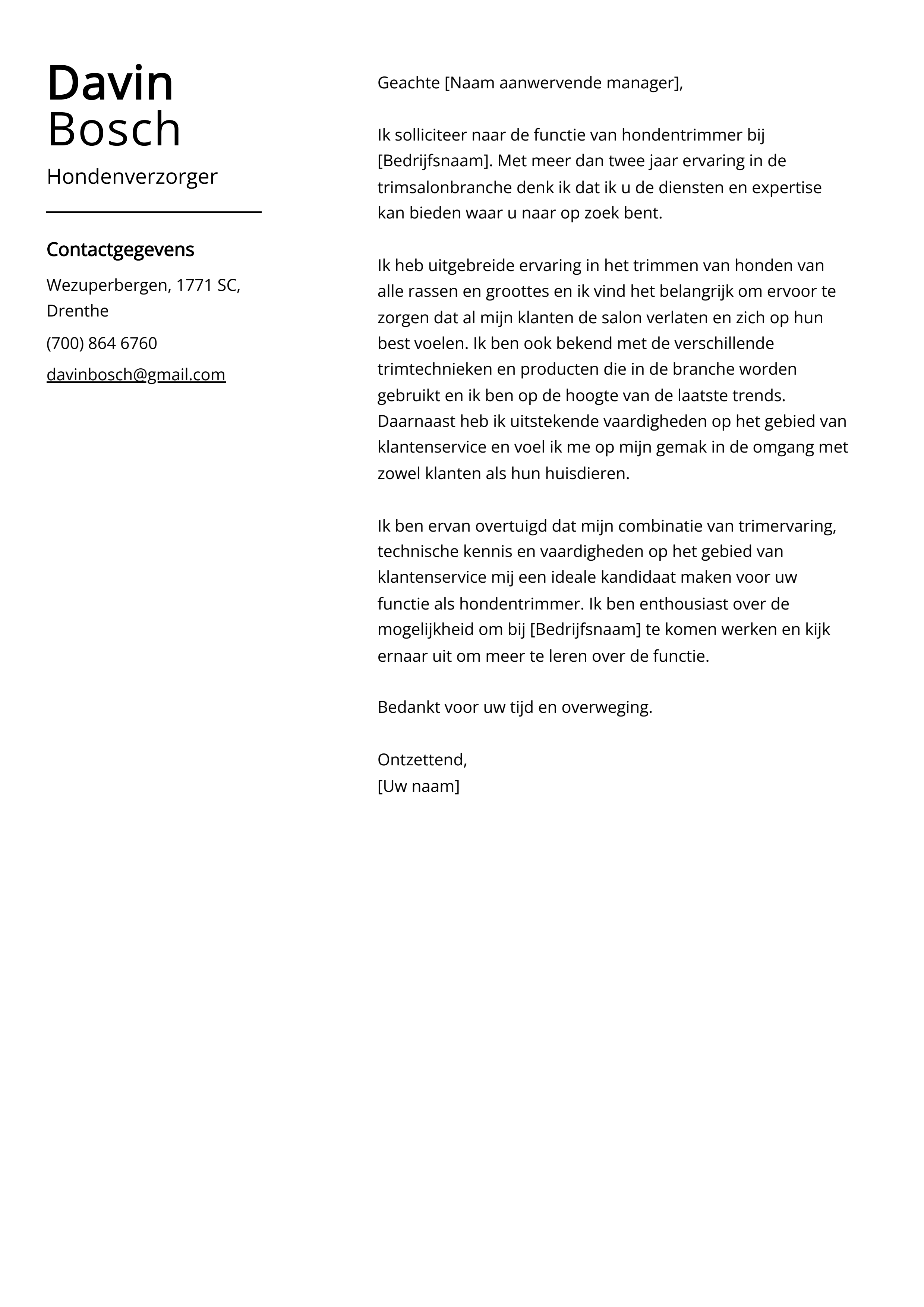 Hondenverzorger Sollicitatiebrief Voorbeeld