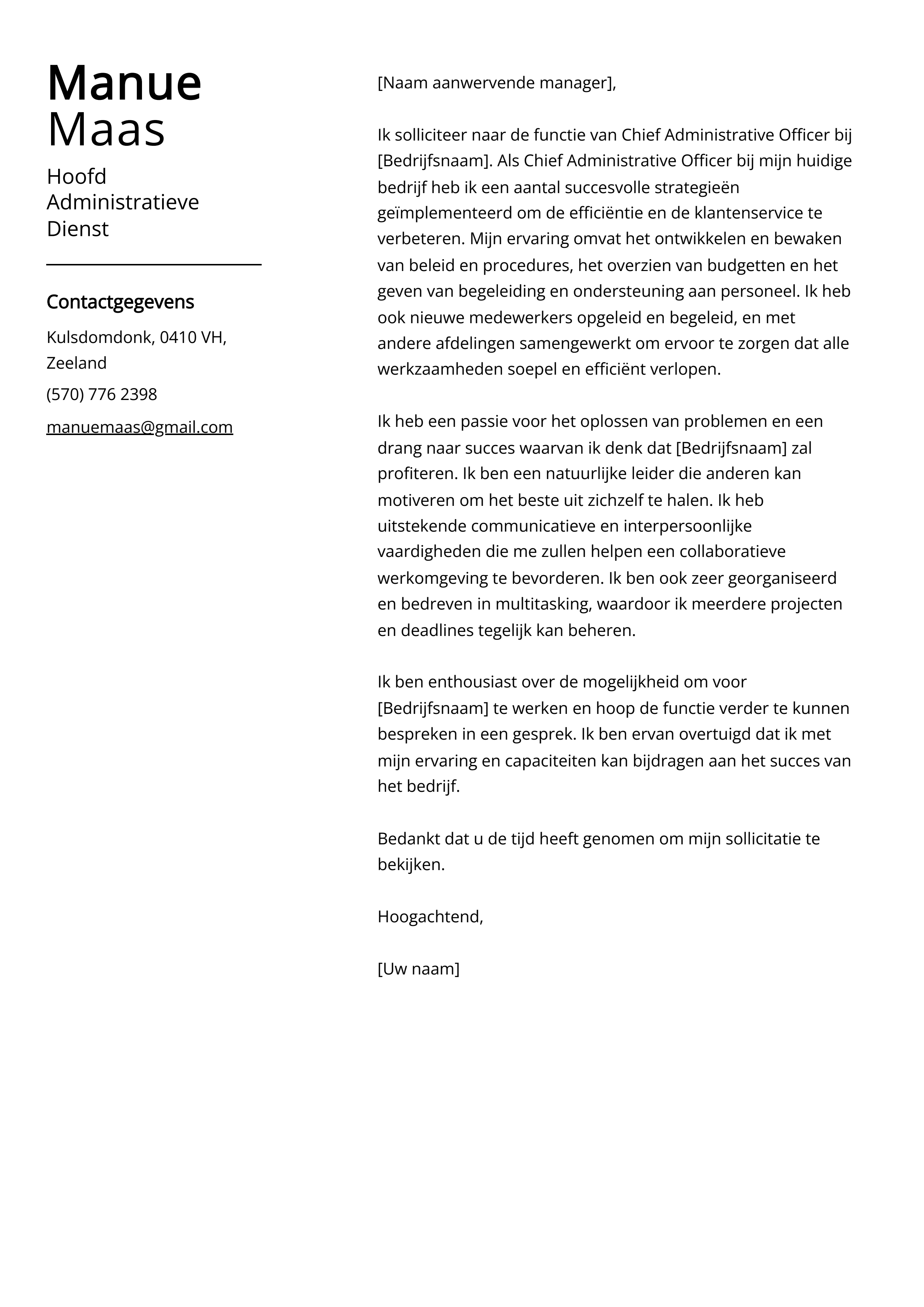 Hoofd Administratieve Dienst Cover Letter Voorbeeld