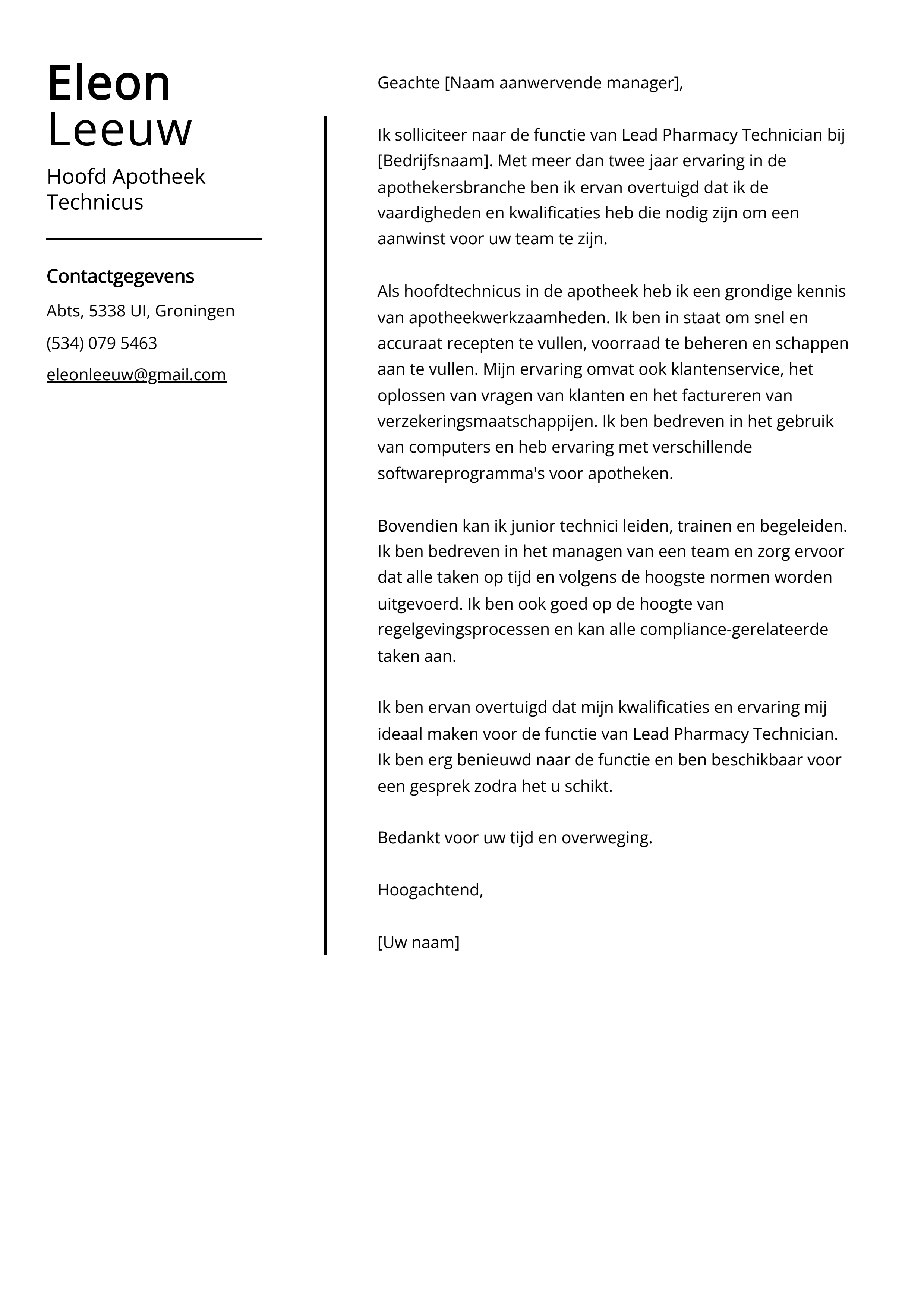 Hoofd Apotheek Technicus Sollicitatiebrief Voorbeeld