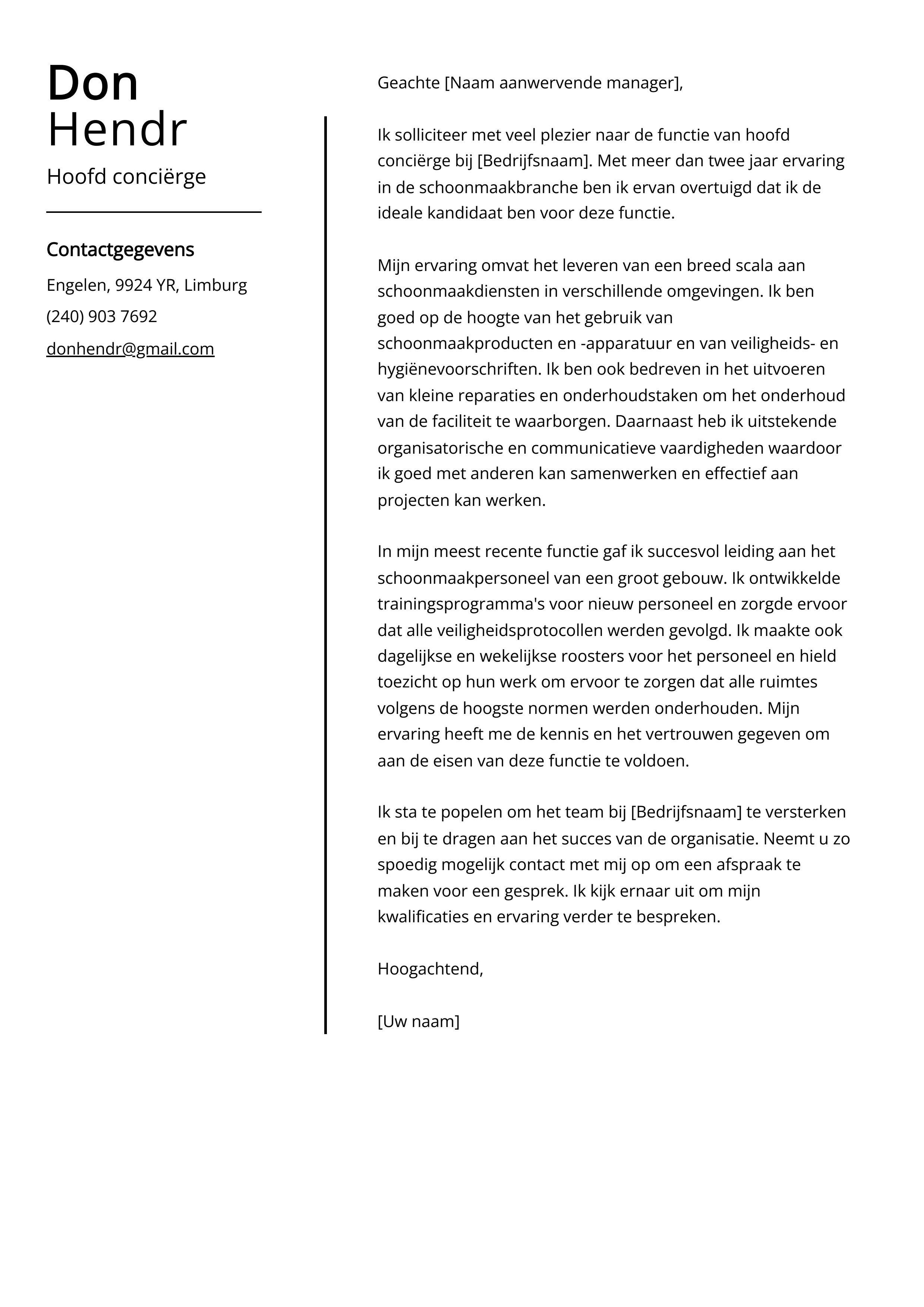 Hoofd conciërge Cover Letter Voorbeeld