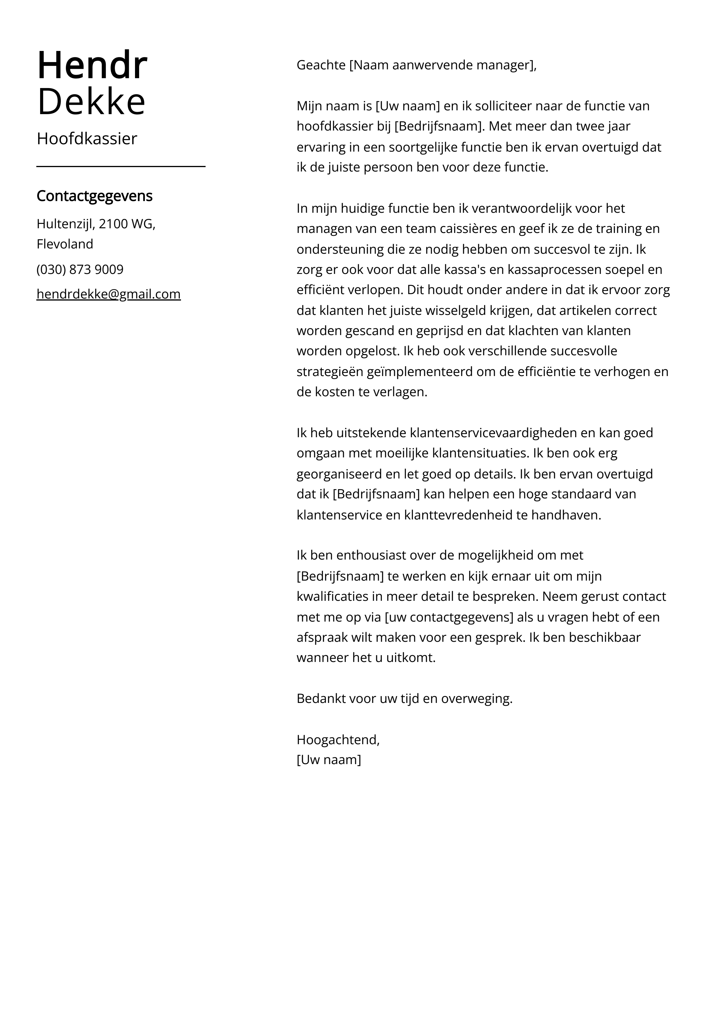 Hoofdkassier Sollicitatiebrief Voorbeeld