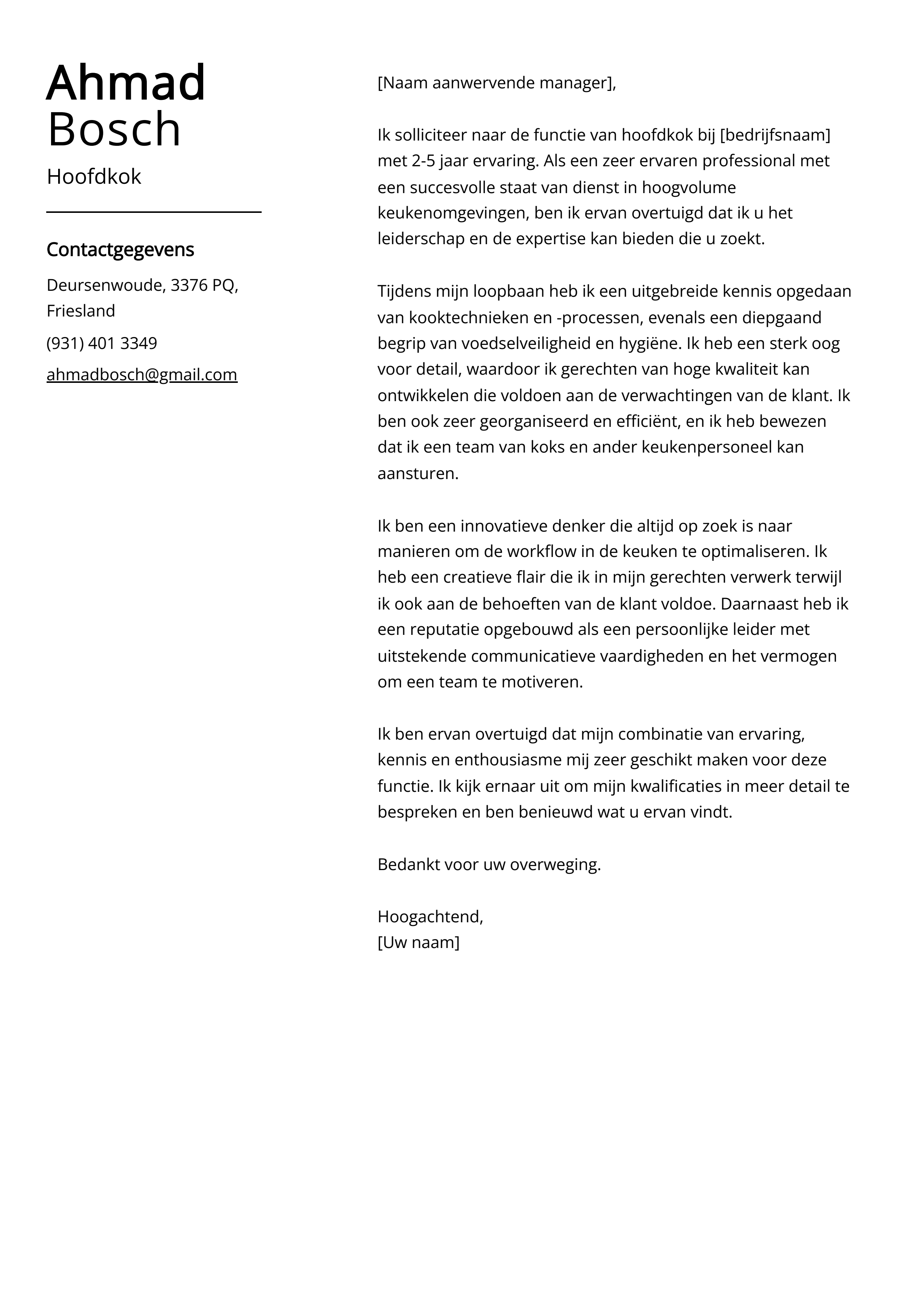 Hoofdkok Sollicitatiebrief Voorbeeld