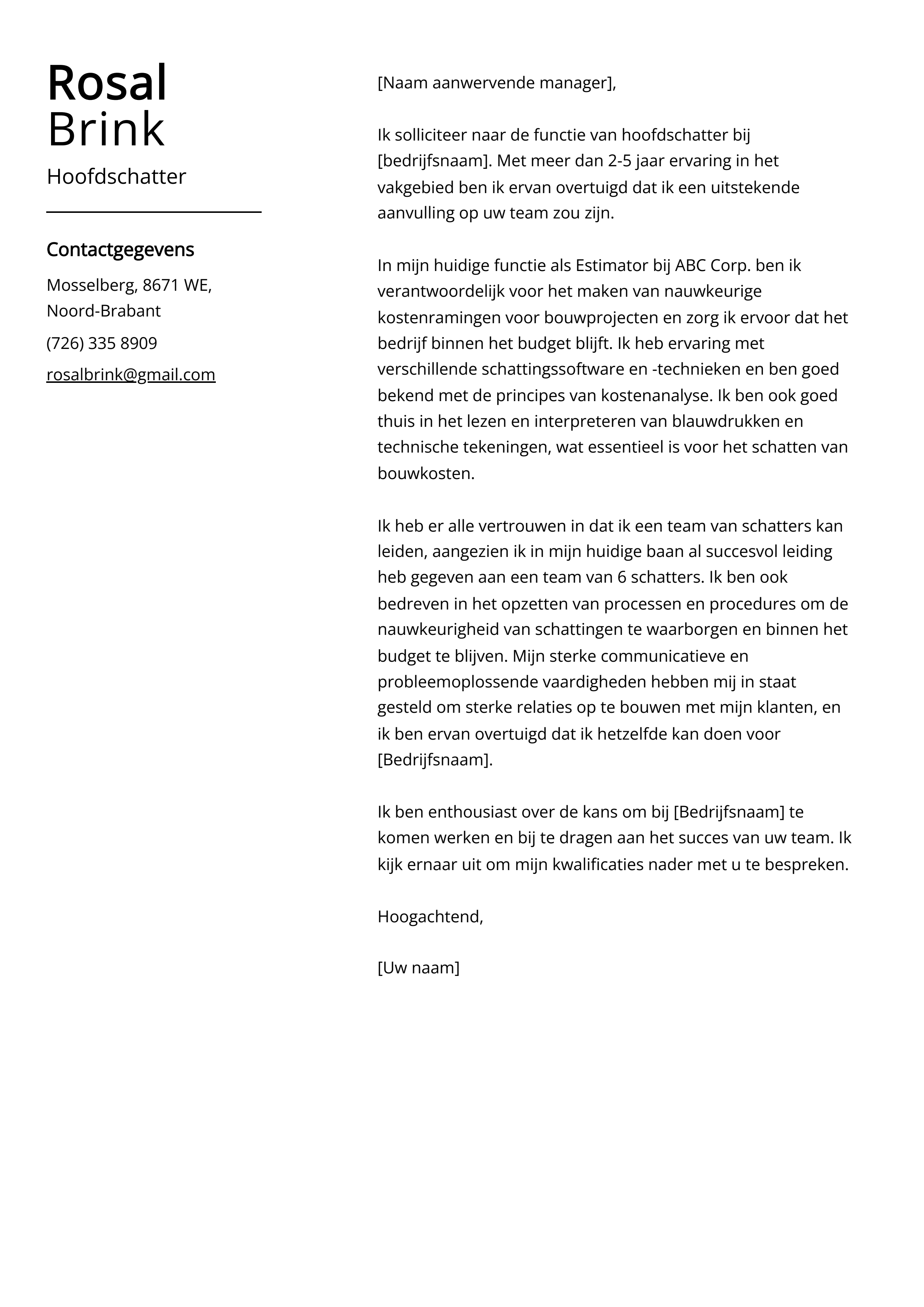 Hoofdschatter sollicitatiebrief voorbeeld