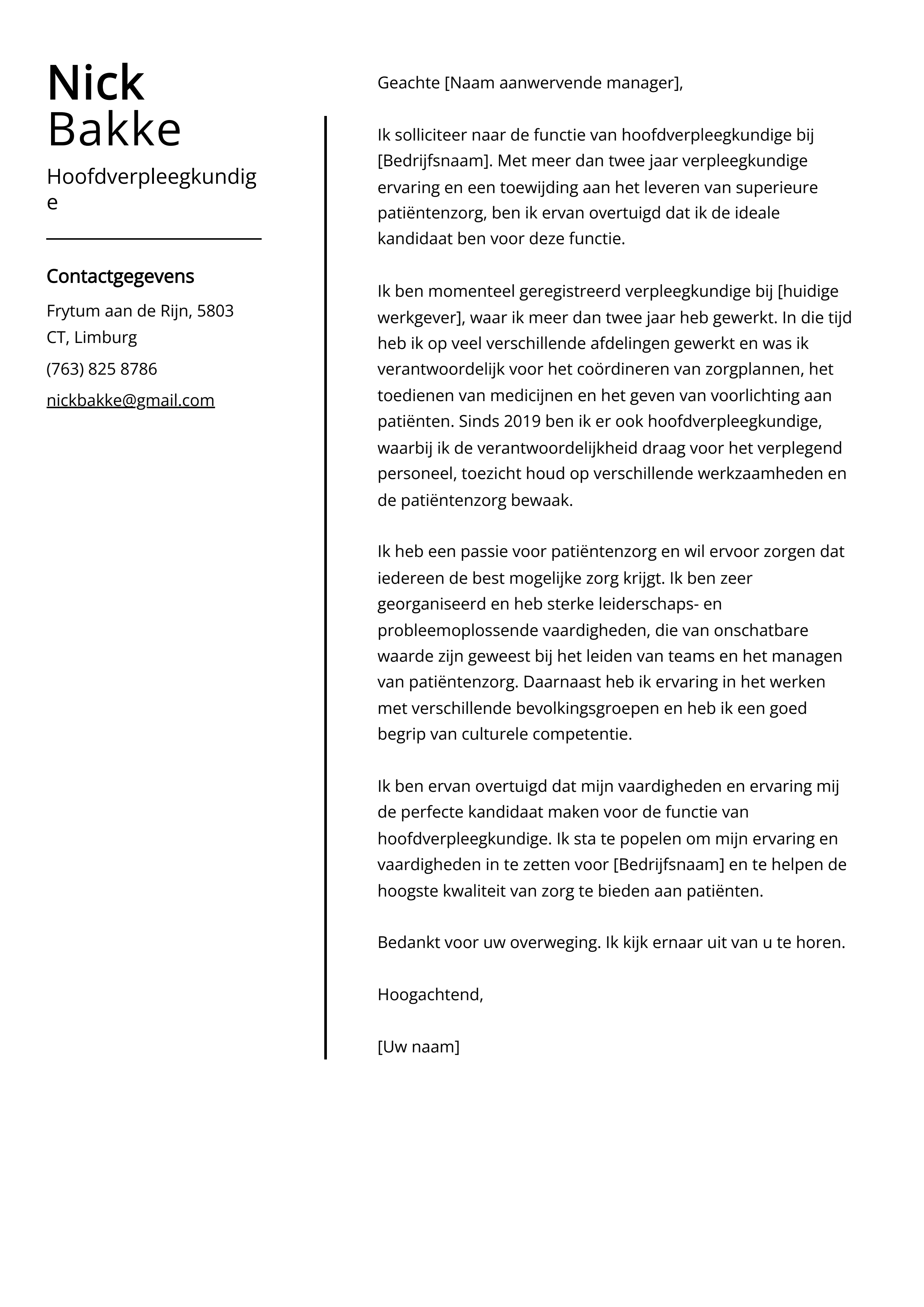 Hoofdverpleegkundige sollicitatiebrief voorbeeld