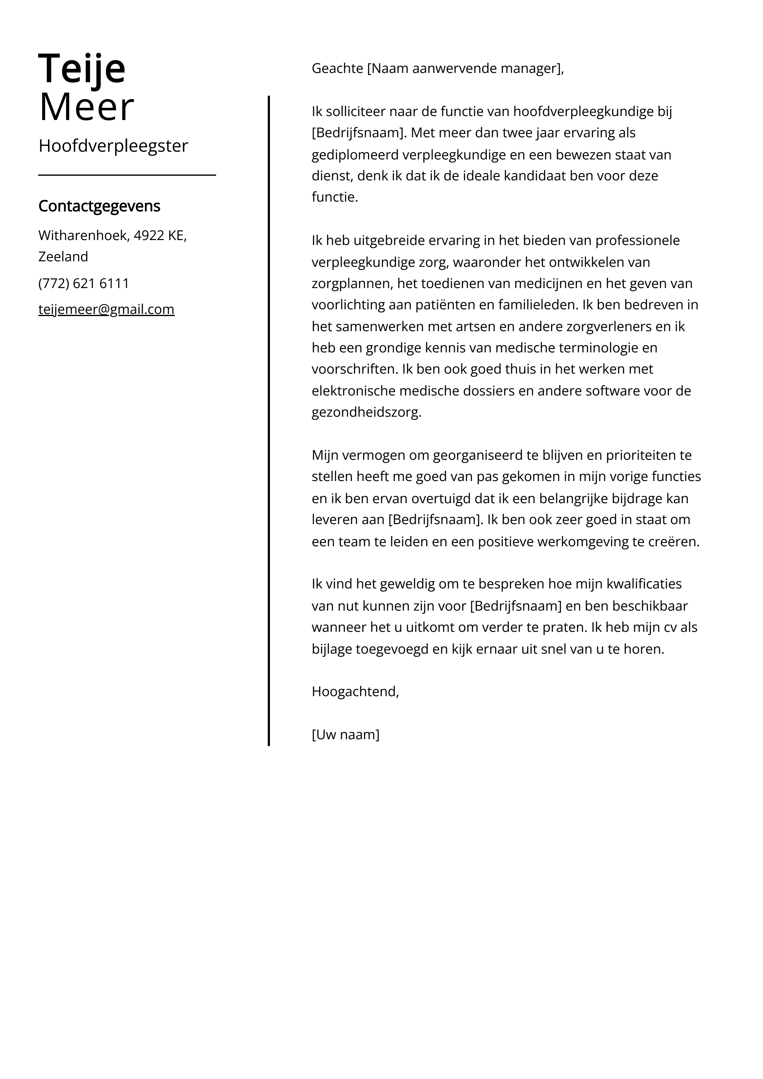 Hoofdverpleegster Voorbeeld sollicitatiebrief