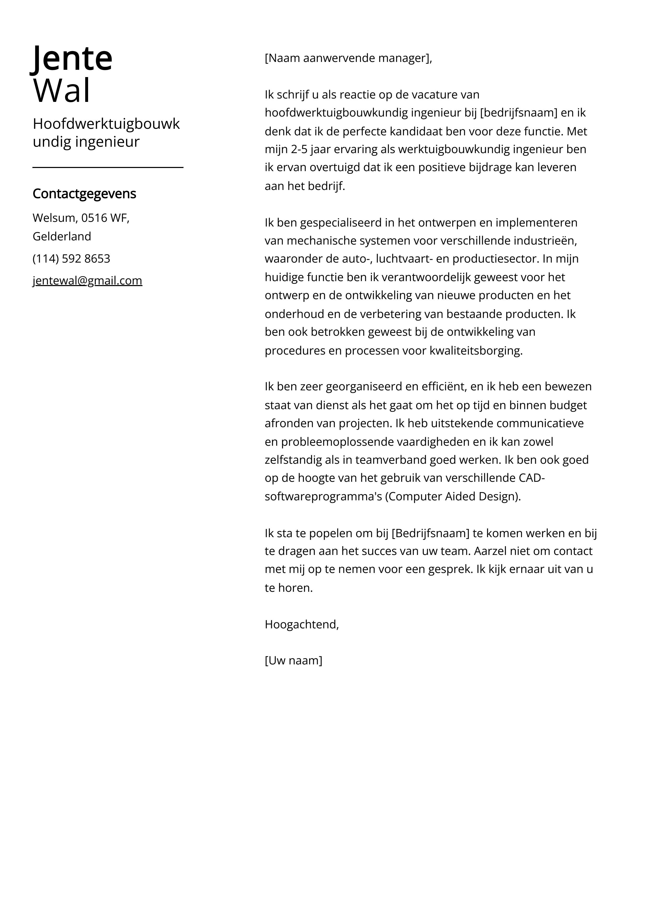 Hoofdwerktuigbouwkundig ingenieur Cover Letter Voorbeeld