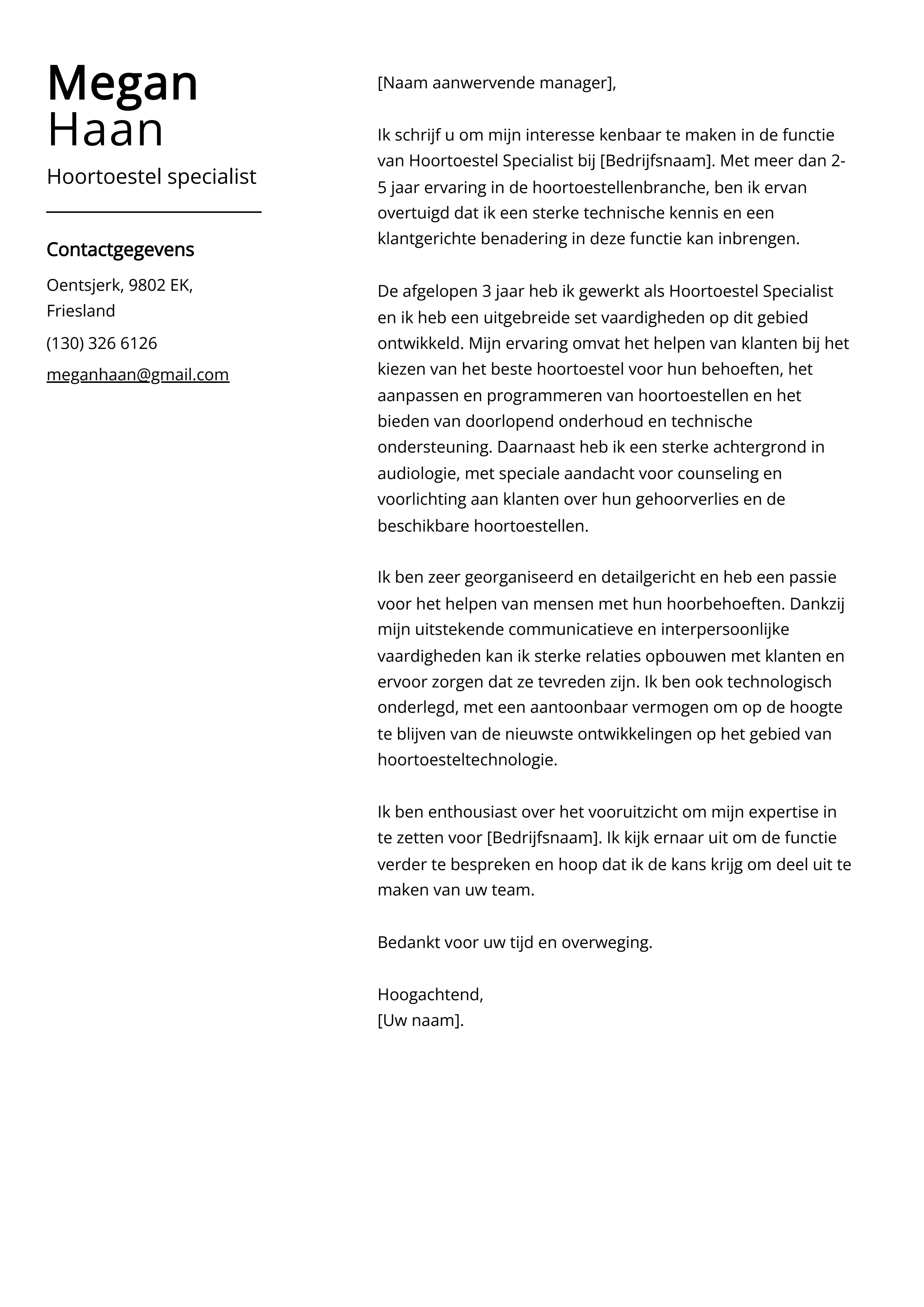 Hoortoestel specialist Voorbeeld sollicitatiebrief