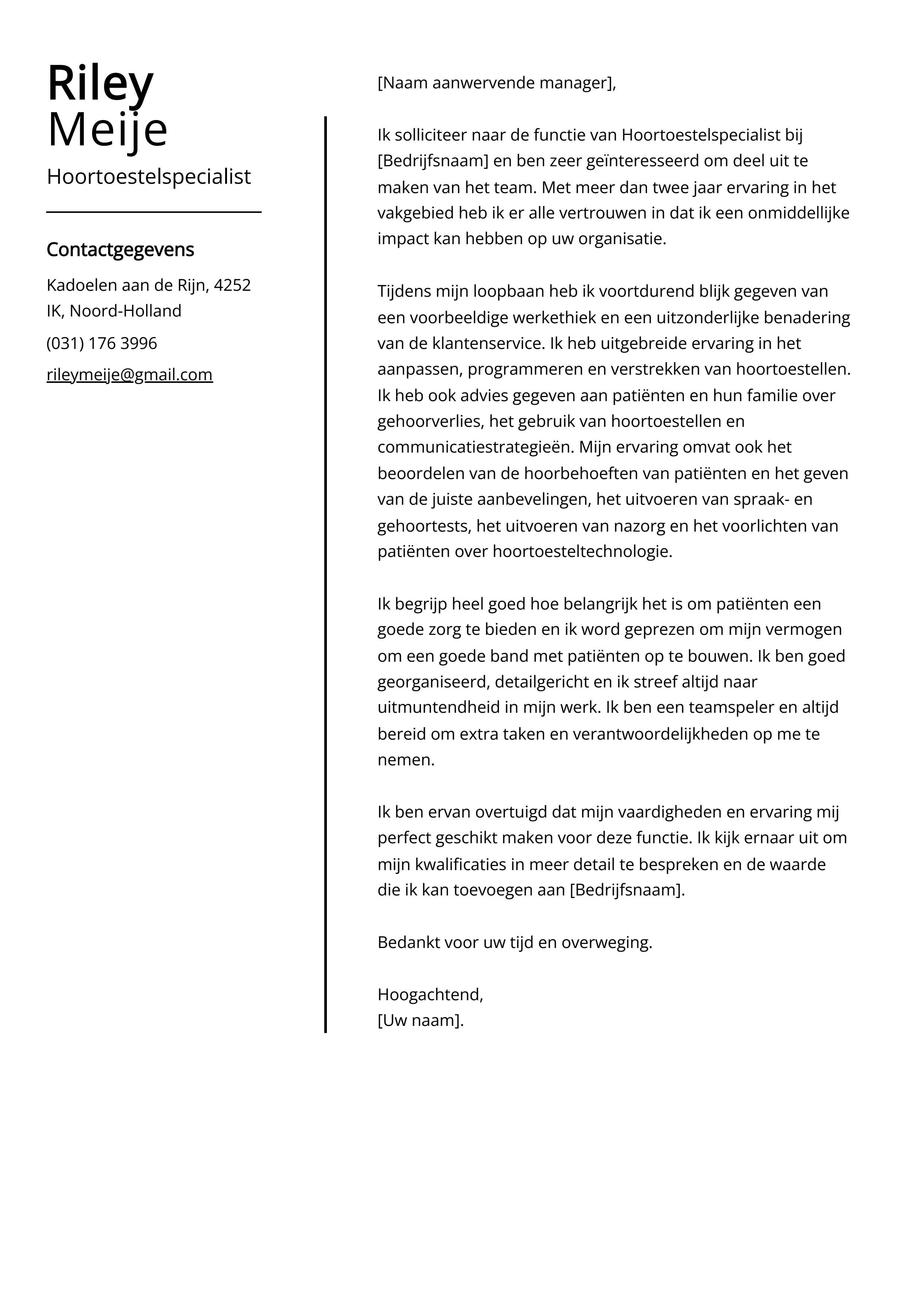 Hoortoestelspecialist Voorbeeld sollicitatiebrief