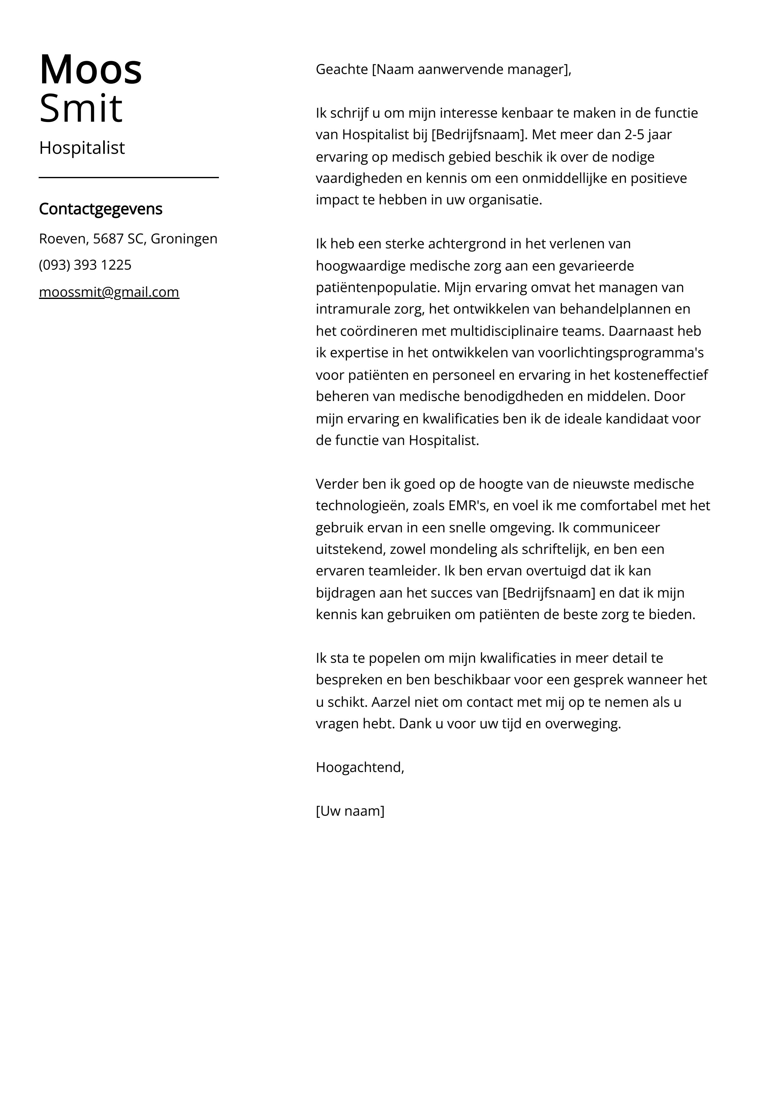 Hospitalist Voorbeeld sollicitatiebrief