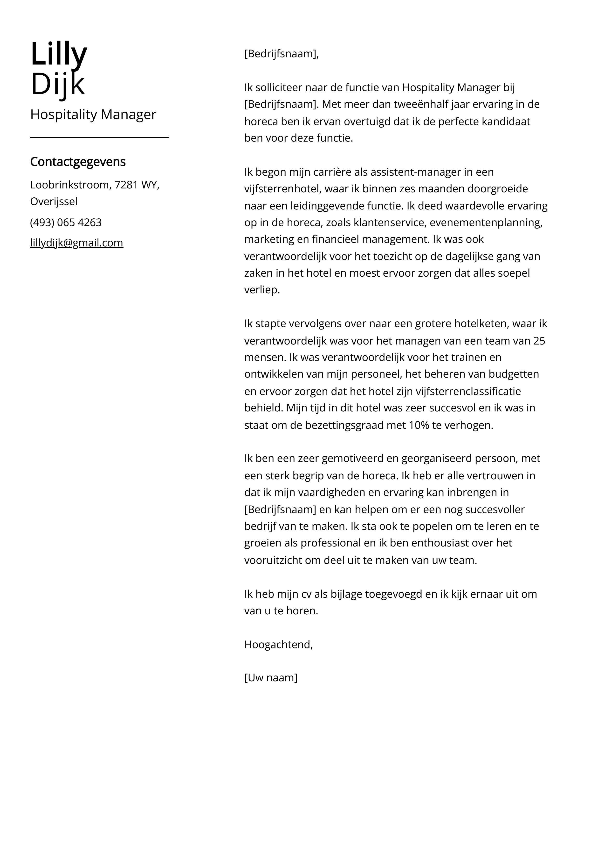 Hospitality Manager Voorbeeld sollicitatiebrief