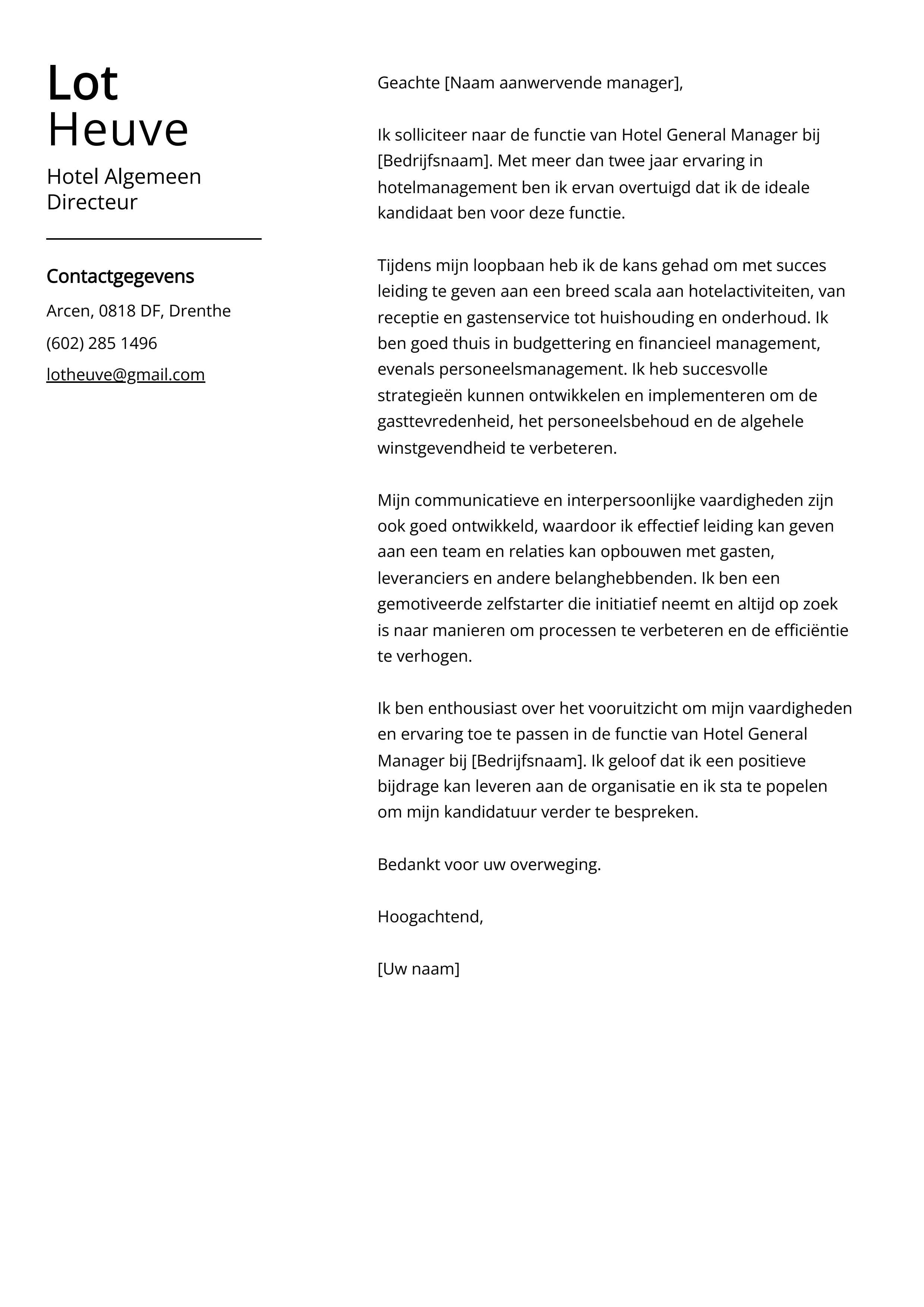 Hotel Algemeen Directeur Sollicitatiebrief Voorbeeld