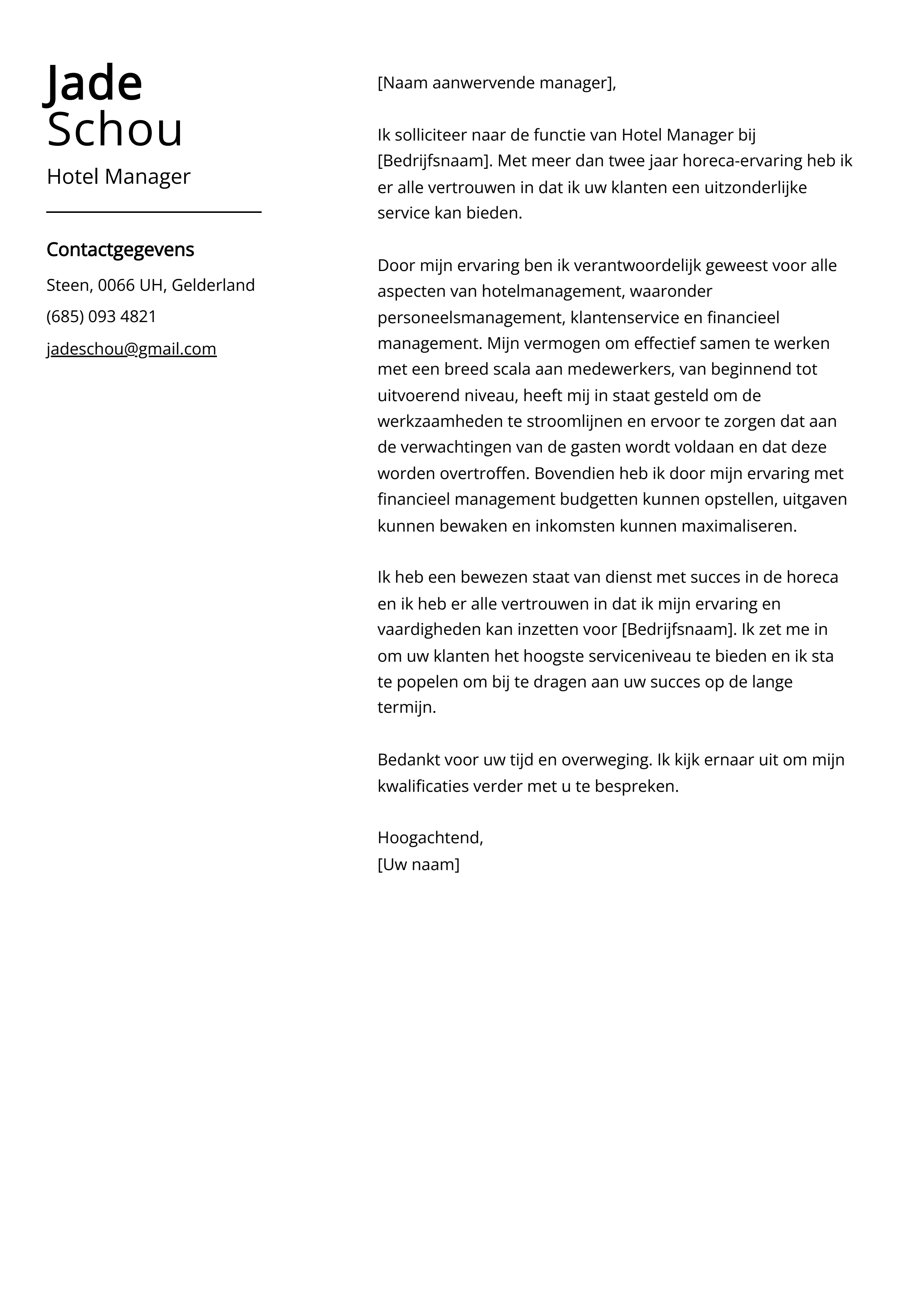 Hotel Manager Voorbeeld sollicitatiebrief