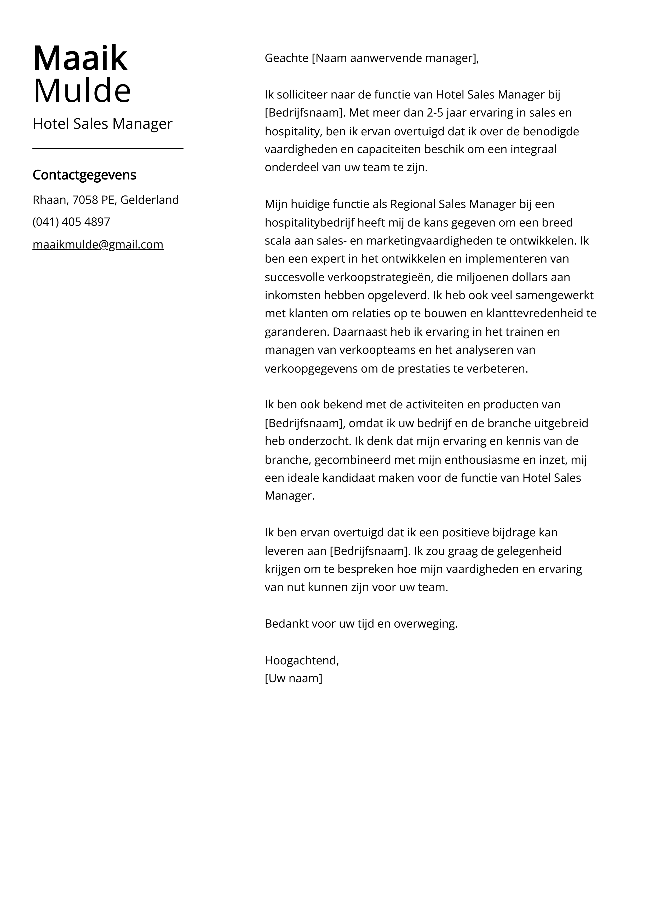 Hotel Sales Manager Voorbeeld sollicitatiebrief