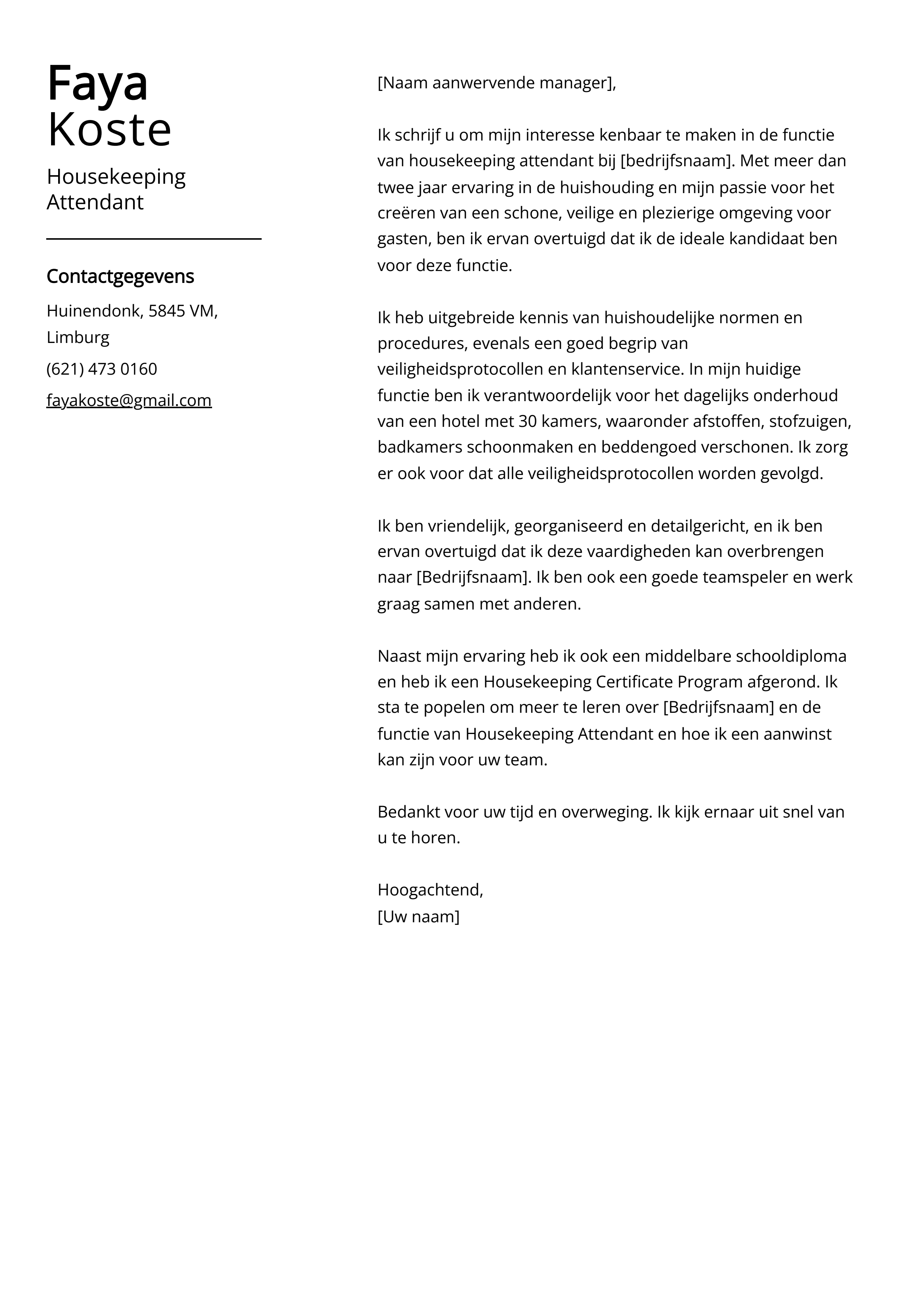 Housekeeping Attendant Voorbeeld sollicitatiebrief