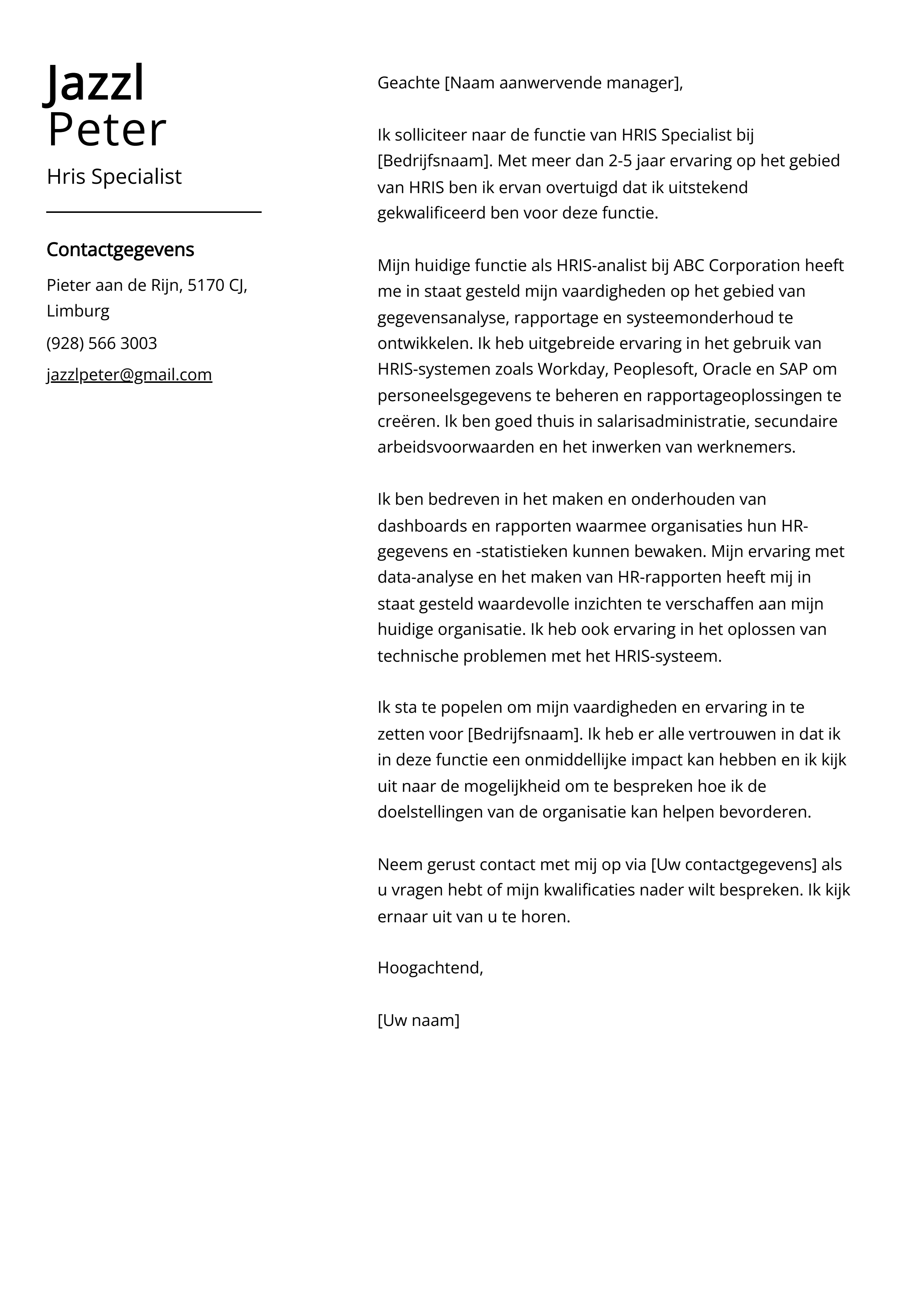 Hris Specialist Voorbeeld sollicitatiebrief