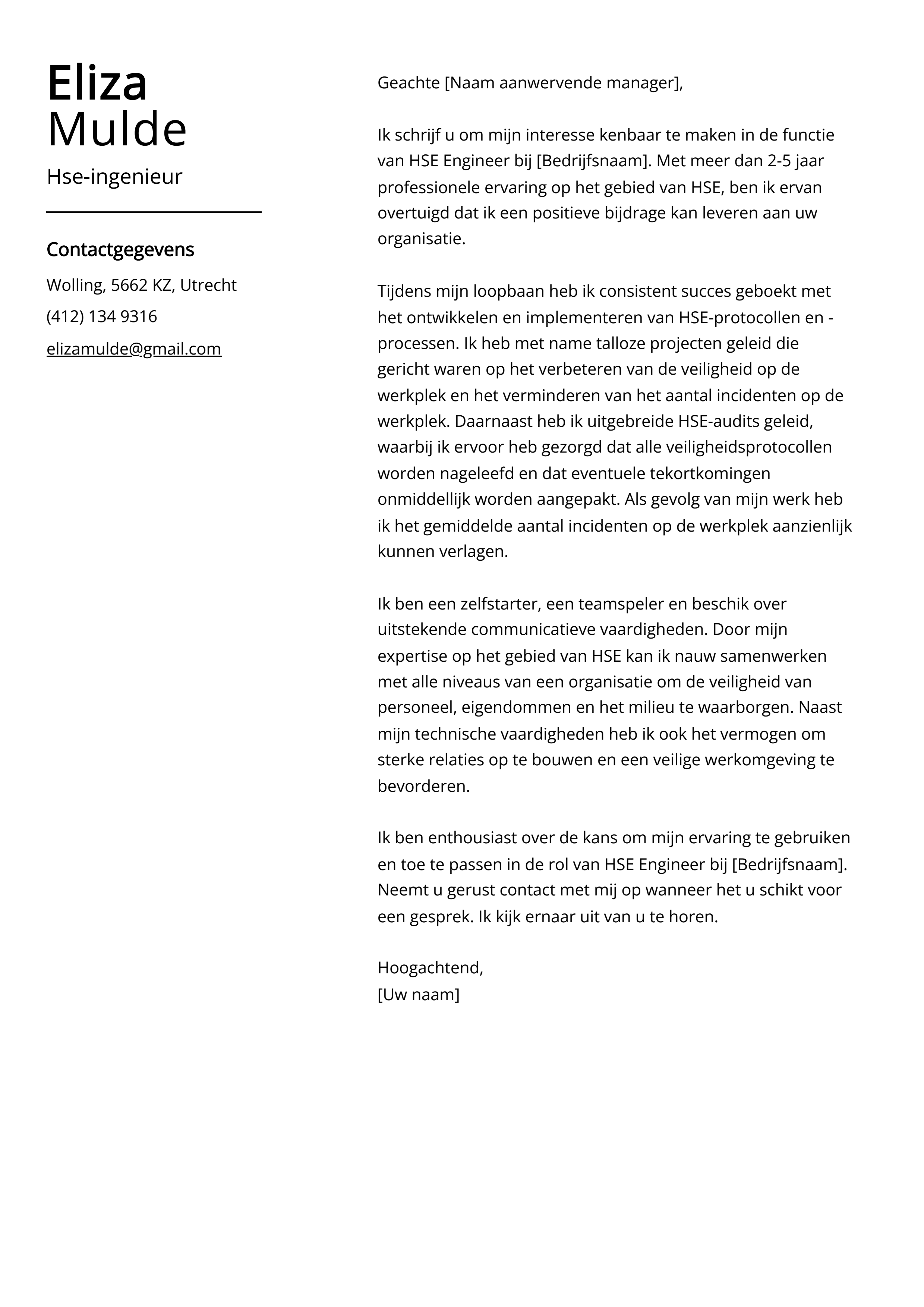 Hse-ingenieur sollicitatiebrief voorbeeld