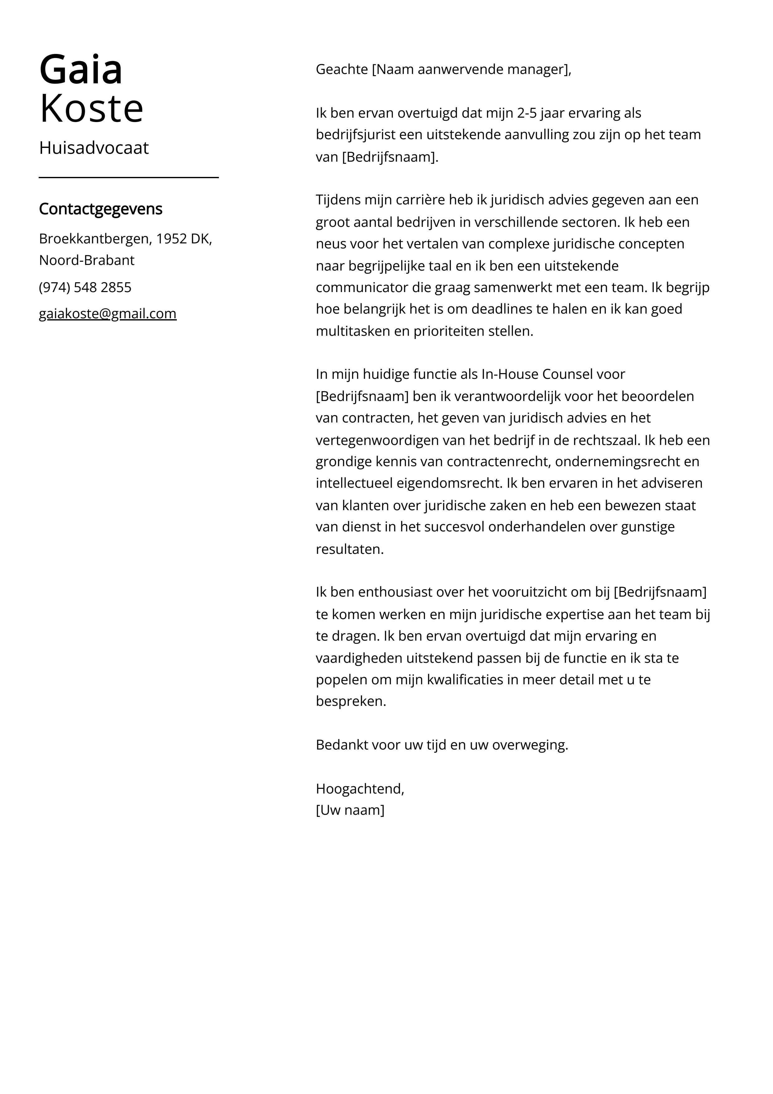 Huisadvocaat Sollicitatiebrief Voorbeeld