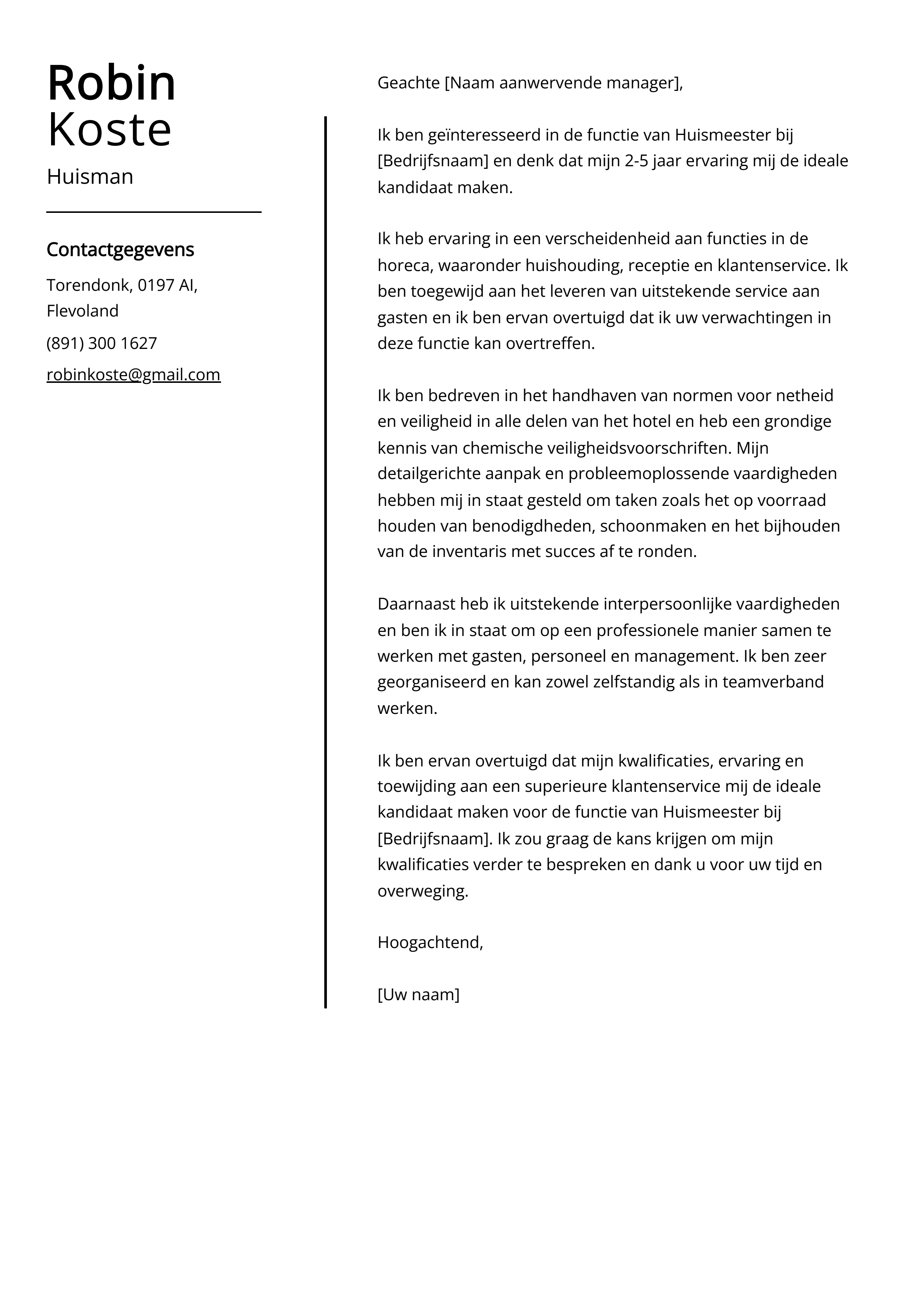 Huisman sollicitatiebrief voorbeeld