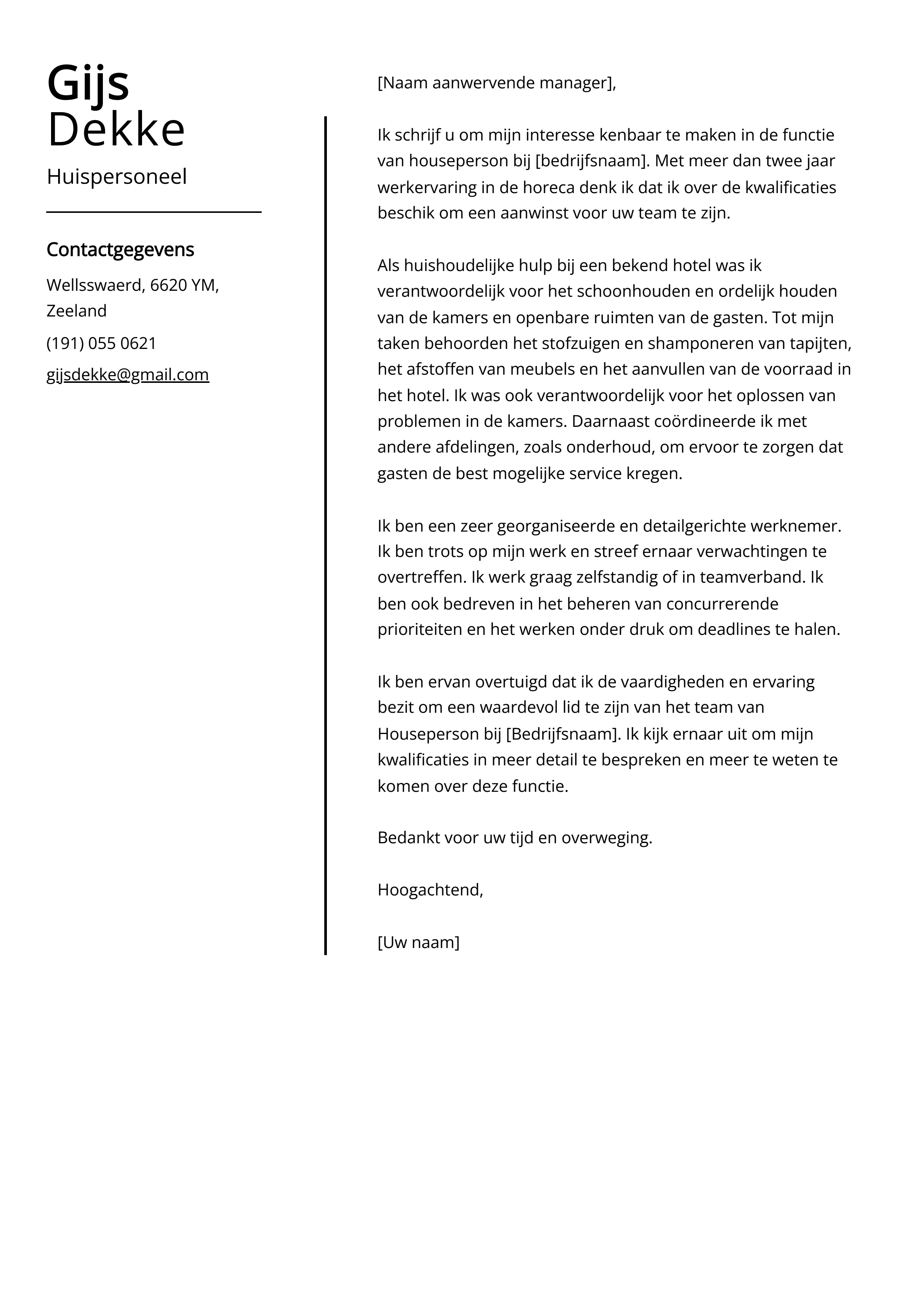 Huispersoneel Sollicitatiebrief Voorbeeld