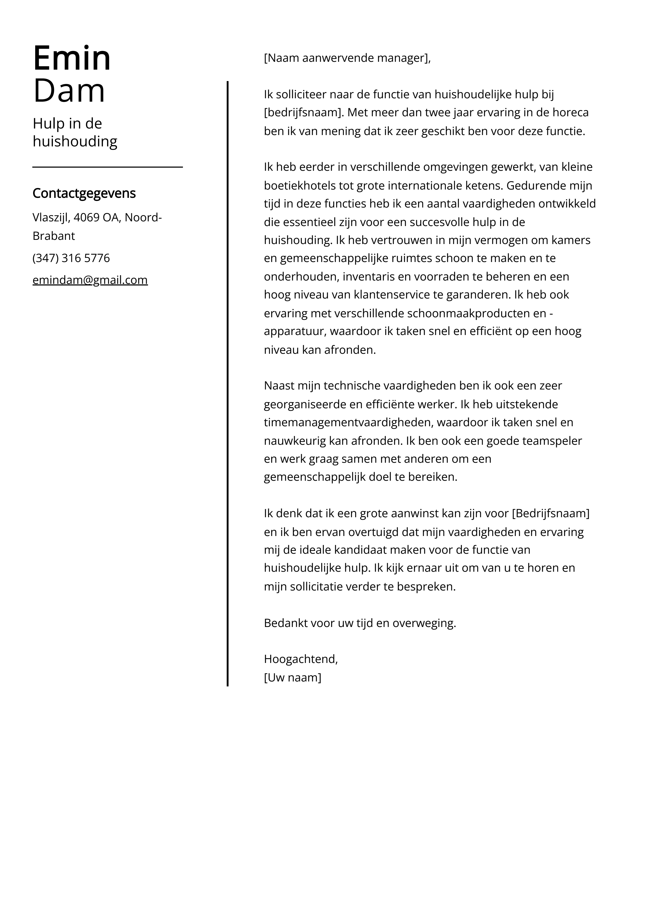 Hulp in de huishouding Voorbeeld sollicitatiebrief