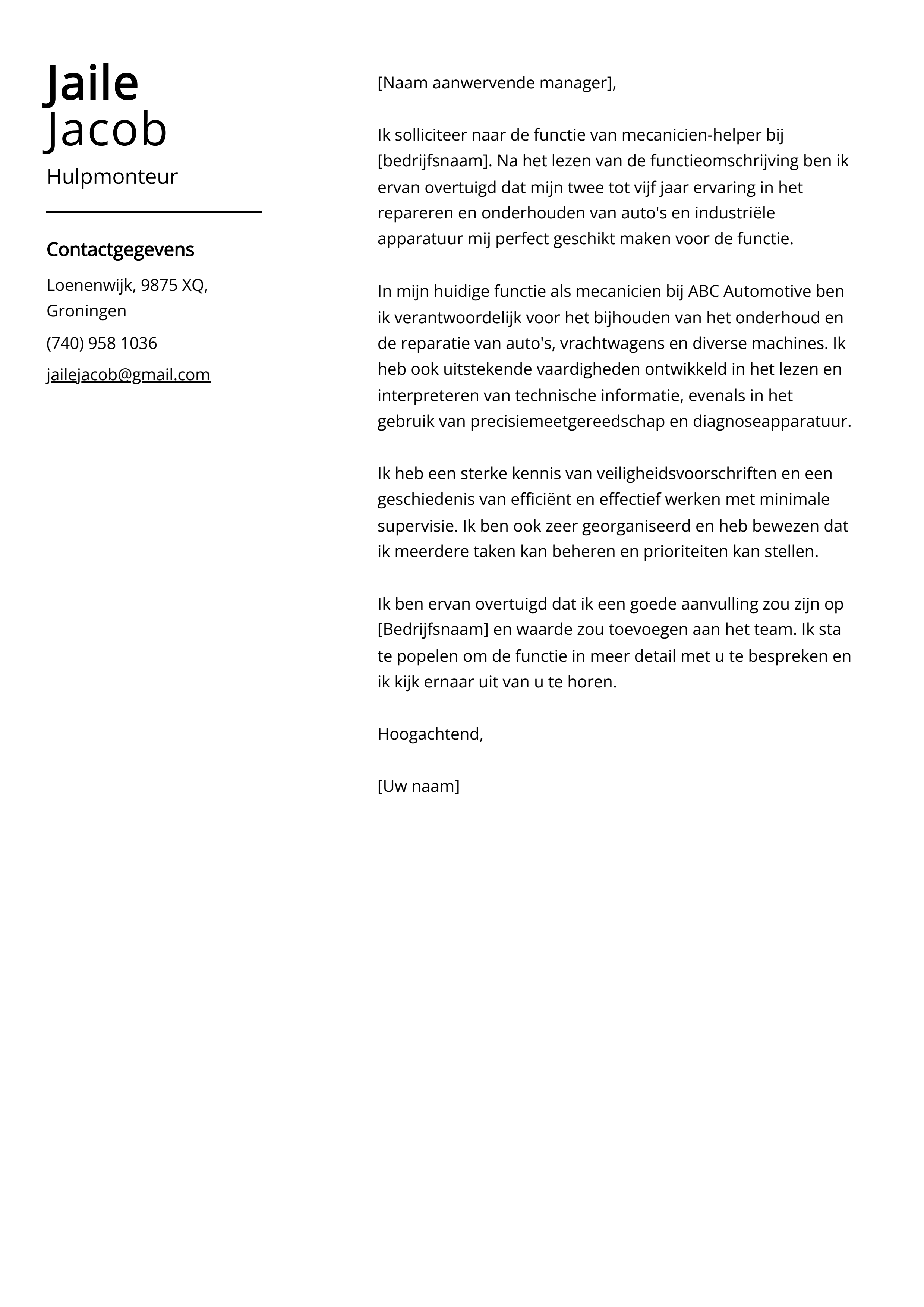 Hulpmonteur sollicitatiebrief voorbeeld