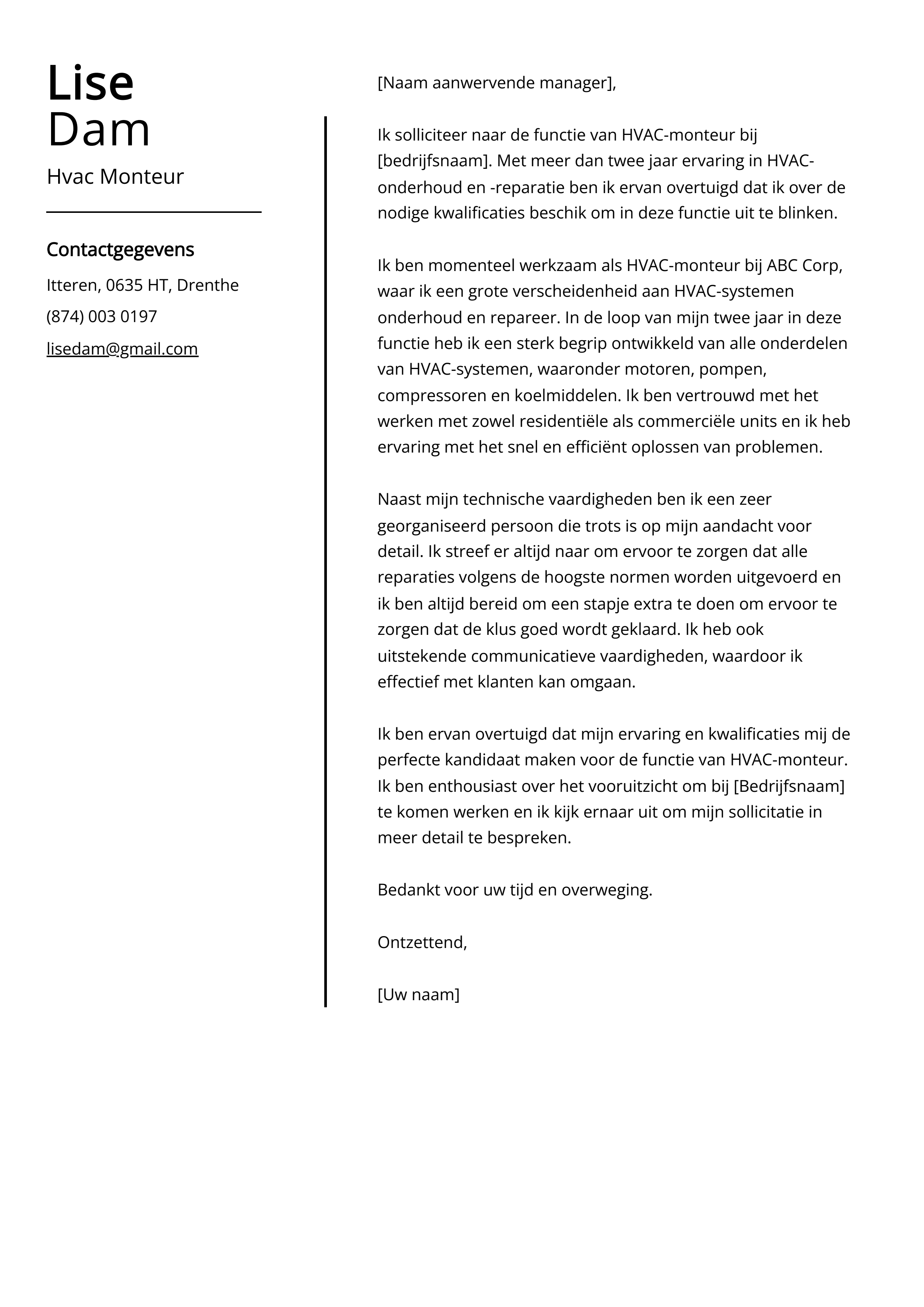 Hvac Monteur Sollicitatiebrief Voorbeeld