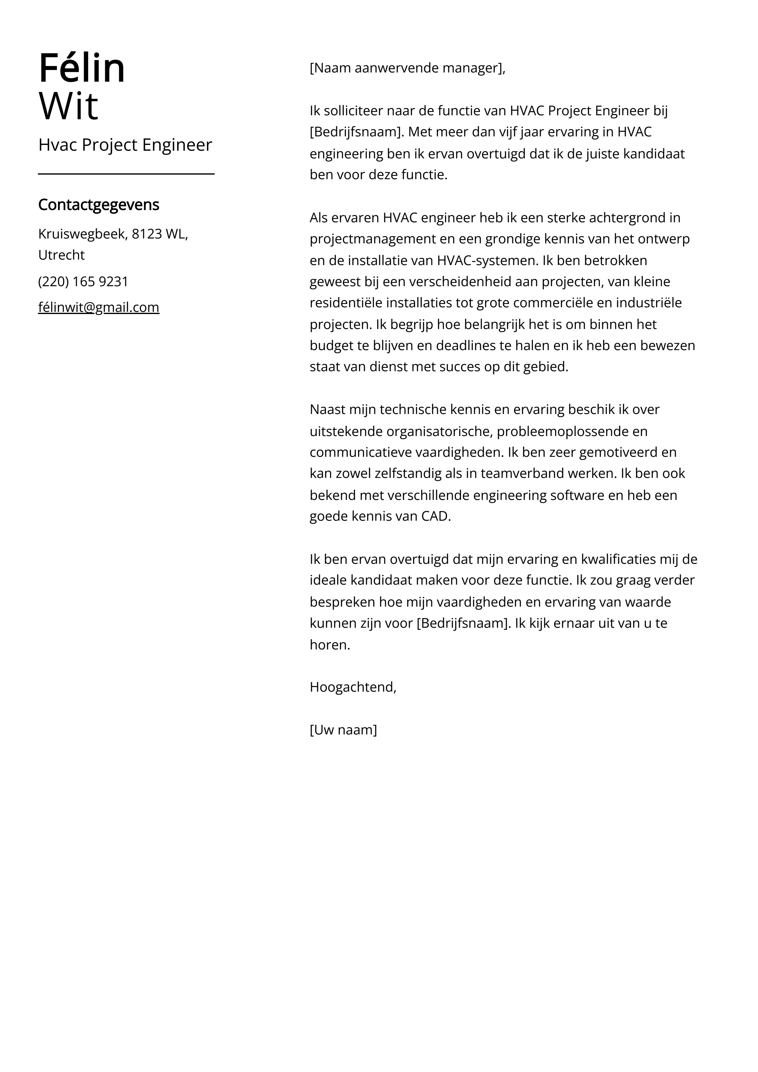 Hvac Project Engineer Voorbeeld sollicitatiebrief