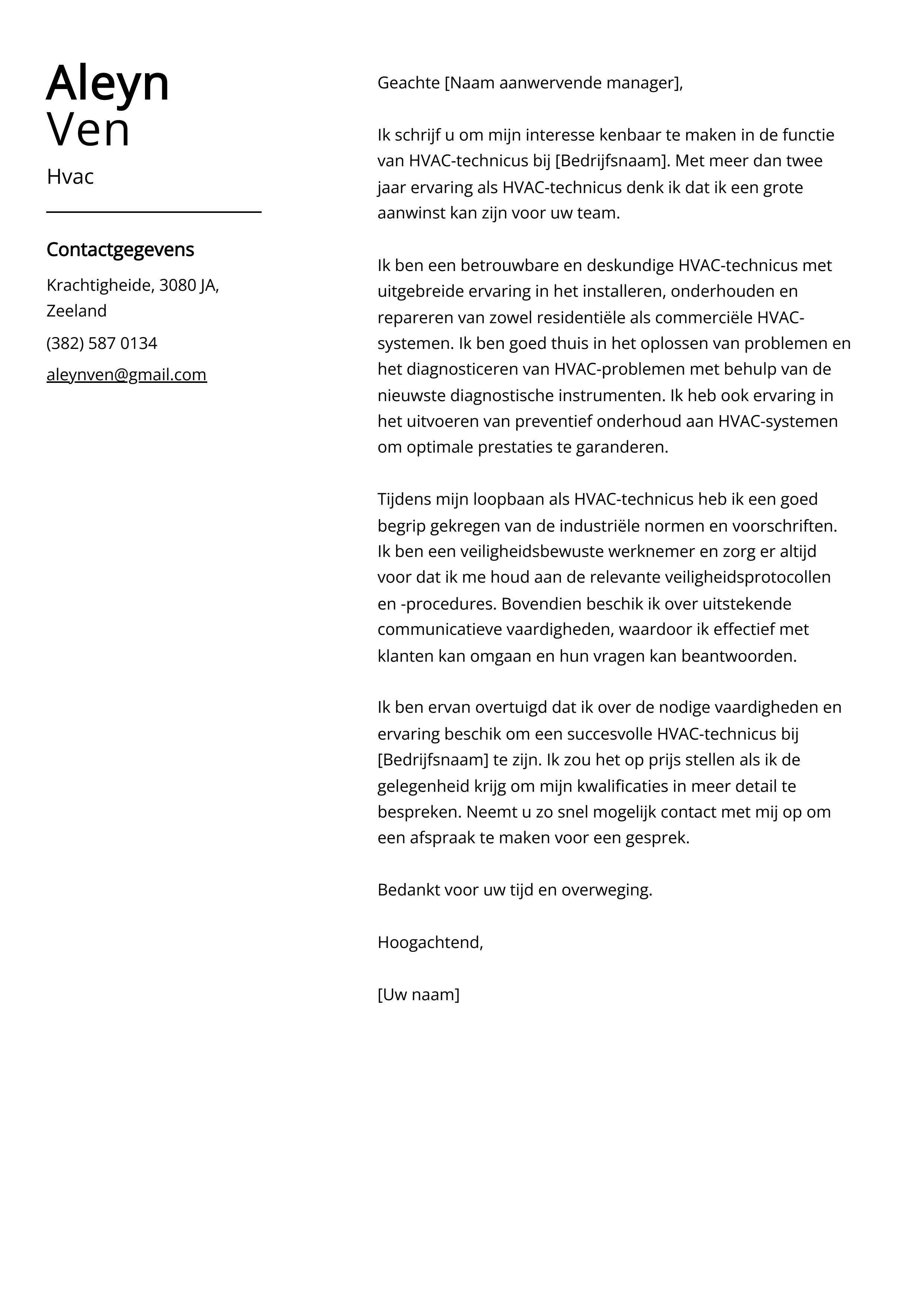 Hvac Voorbeeld sollicitatiebrief