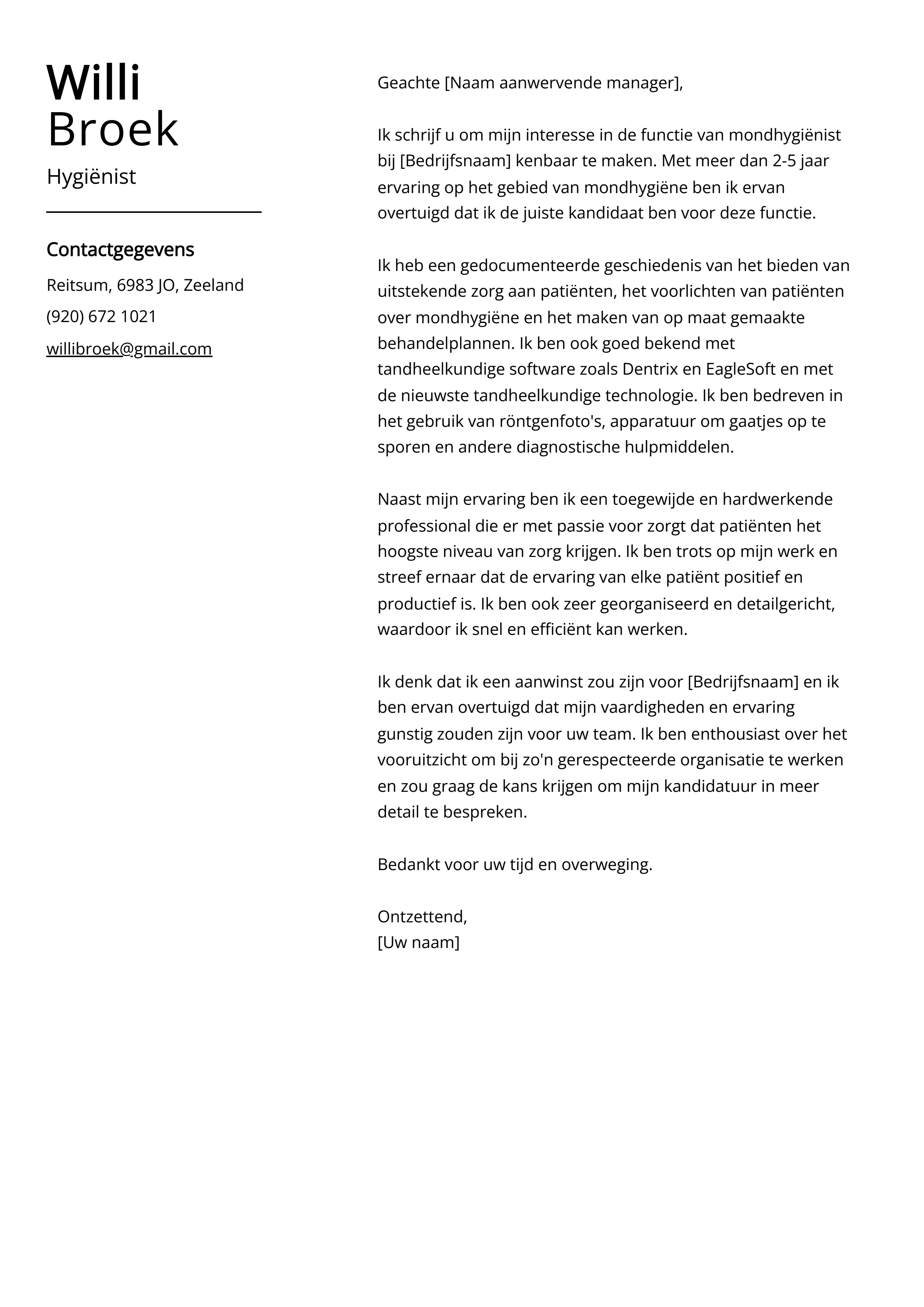 Hygiënist Sollicitatiebrief Voorbeeld