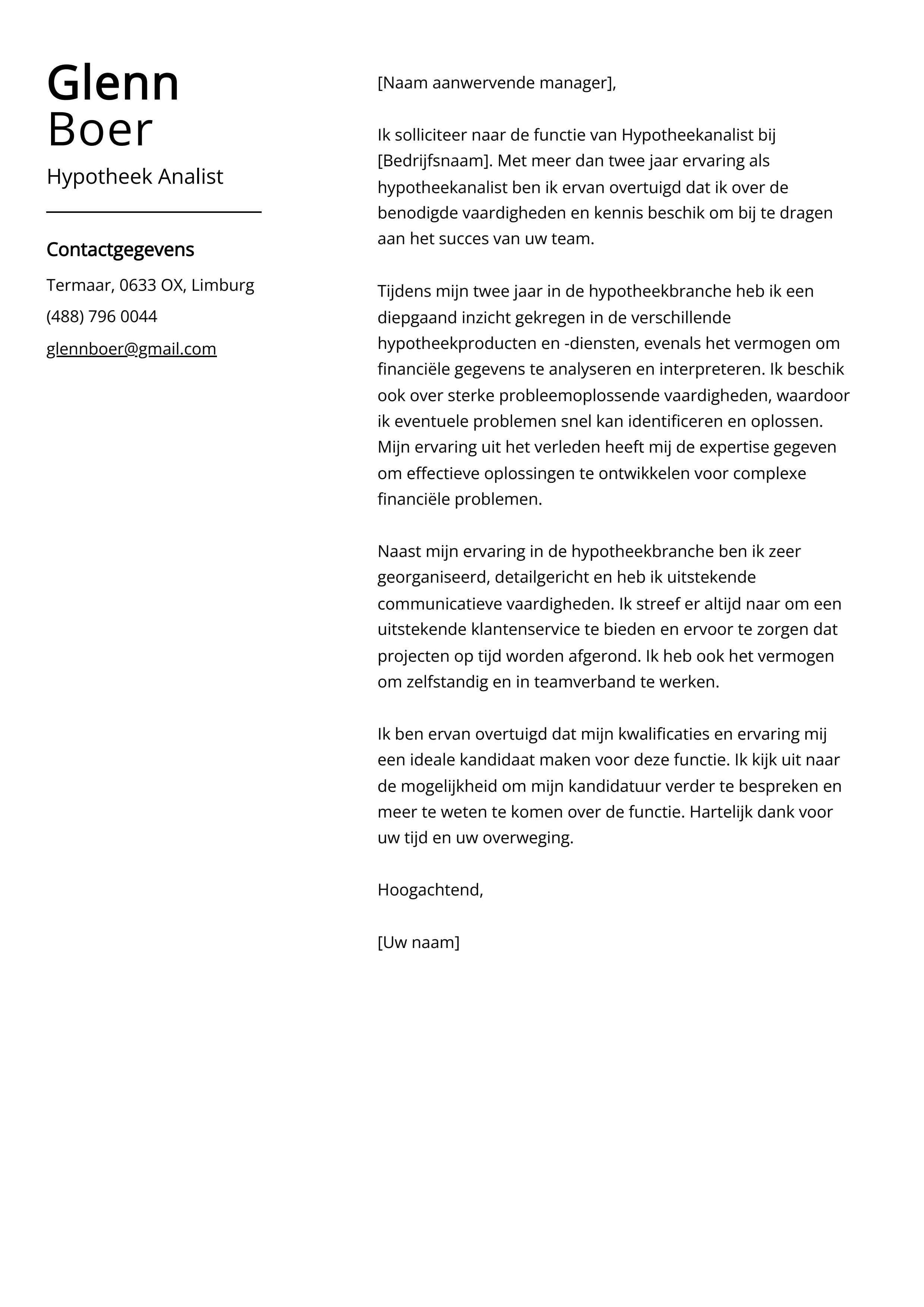 Hypotheek Analist Sollicitatiebrief Voorbeeld