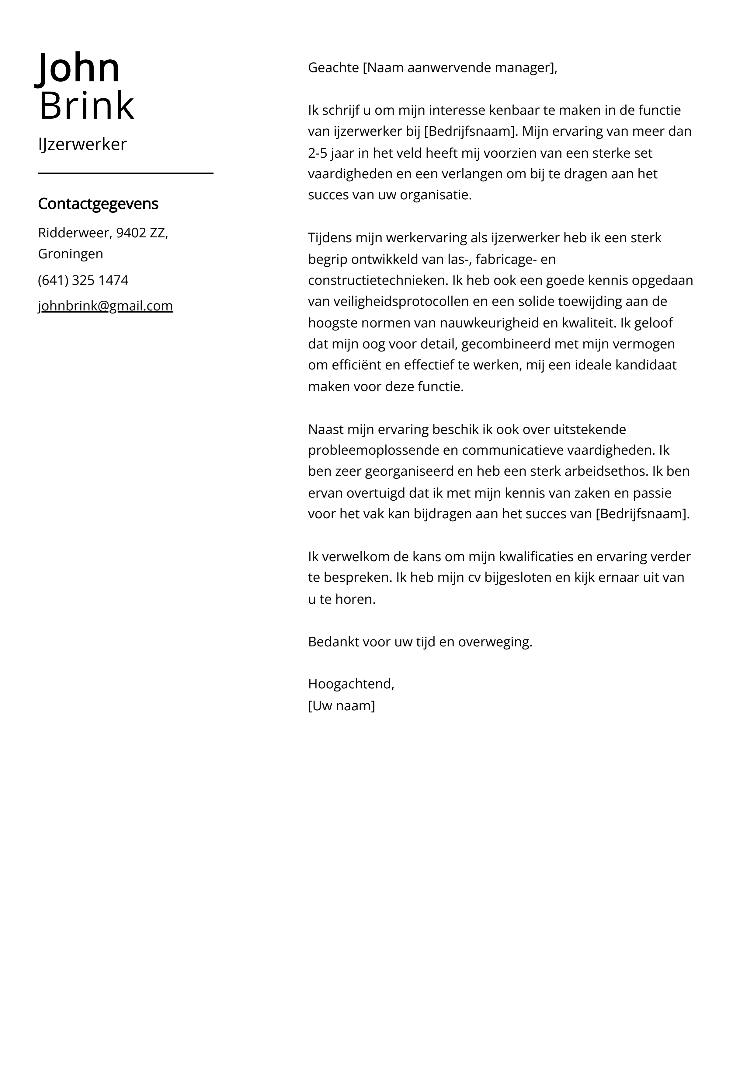 Voorbeeld sollicitatiebrief IJzerwerker