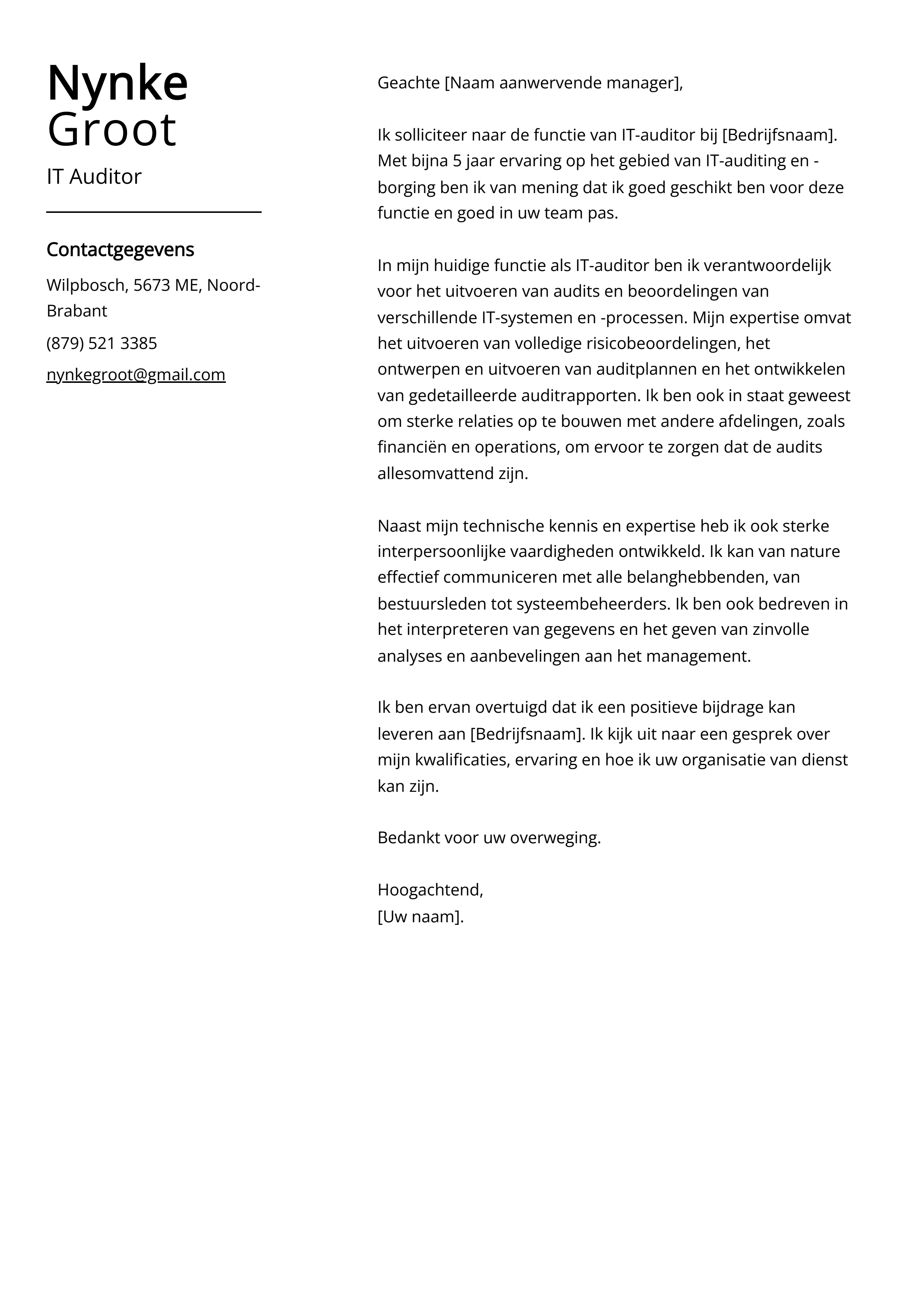 IT Auditor Voorbeeld sollicitatiebrief