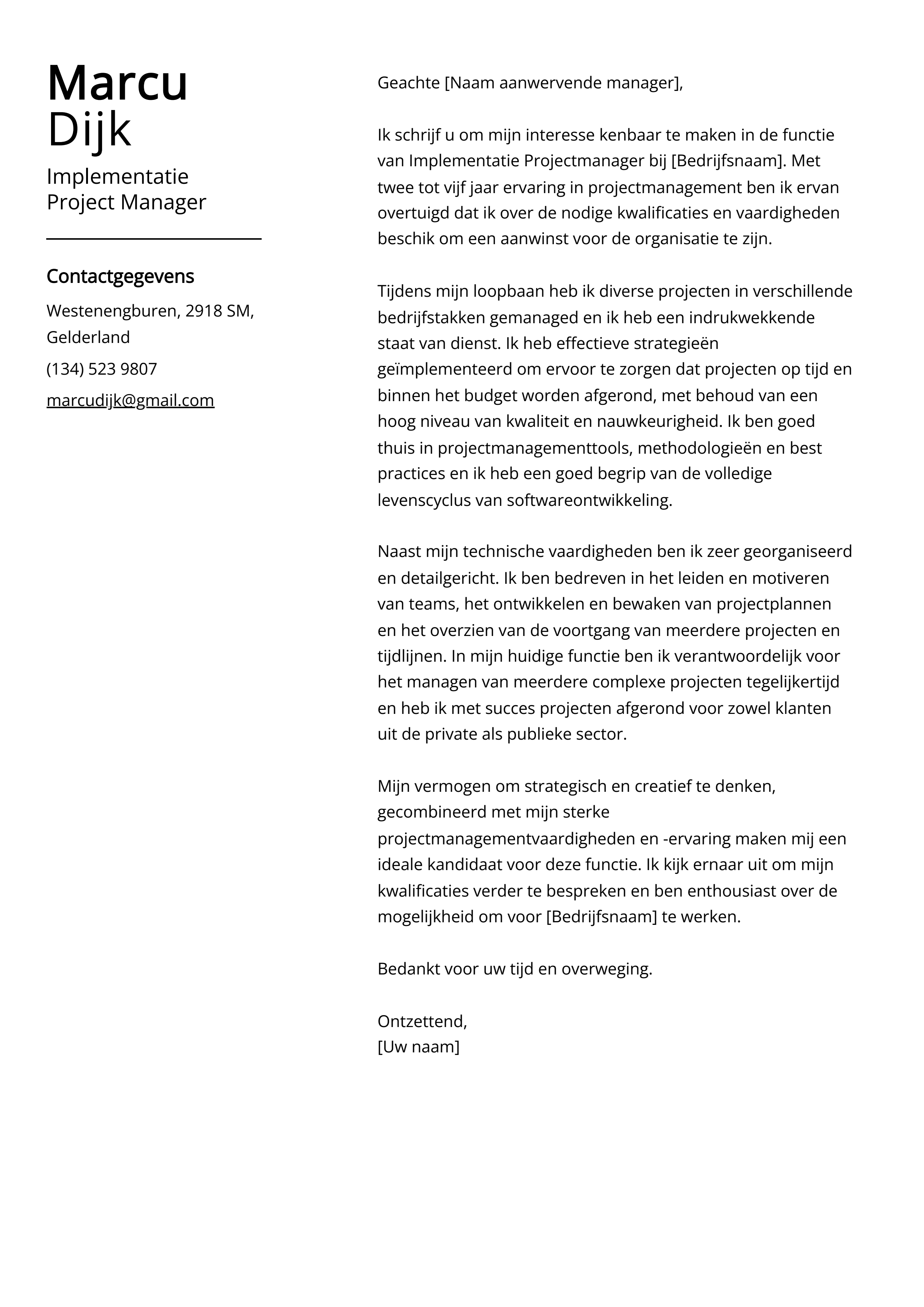 Implementatie Project Manager Sollicitatiebrief Voorbeeld