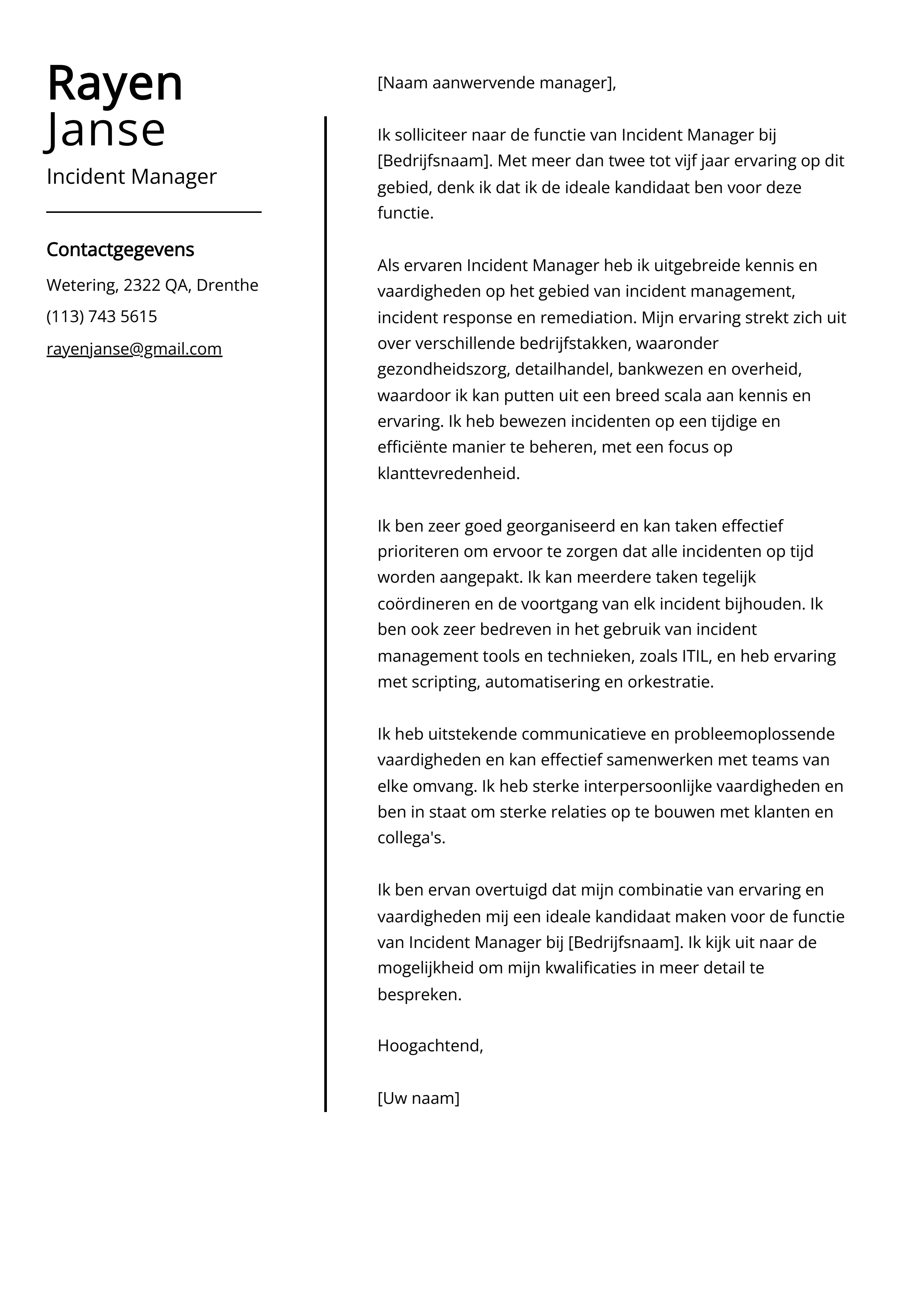 Incident Manager Voorbeeld sollicitatiebrief