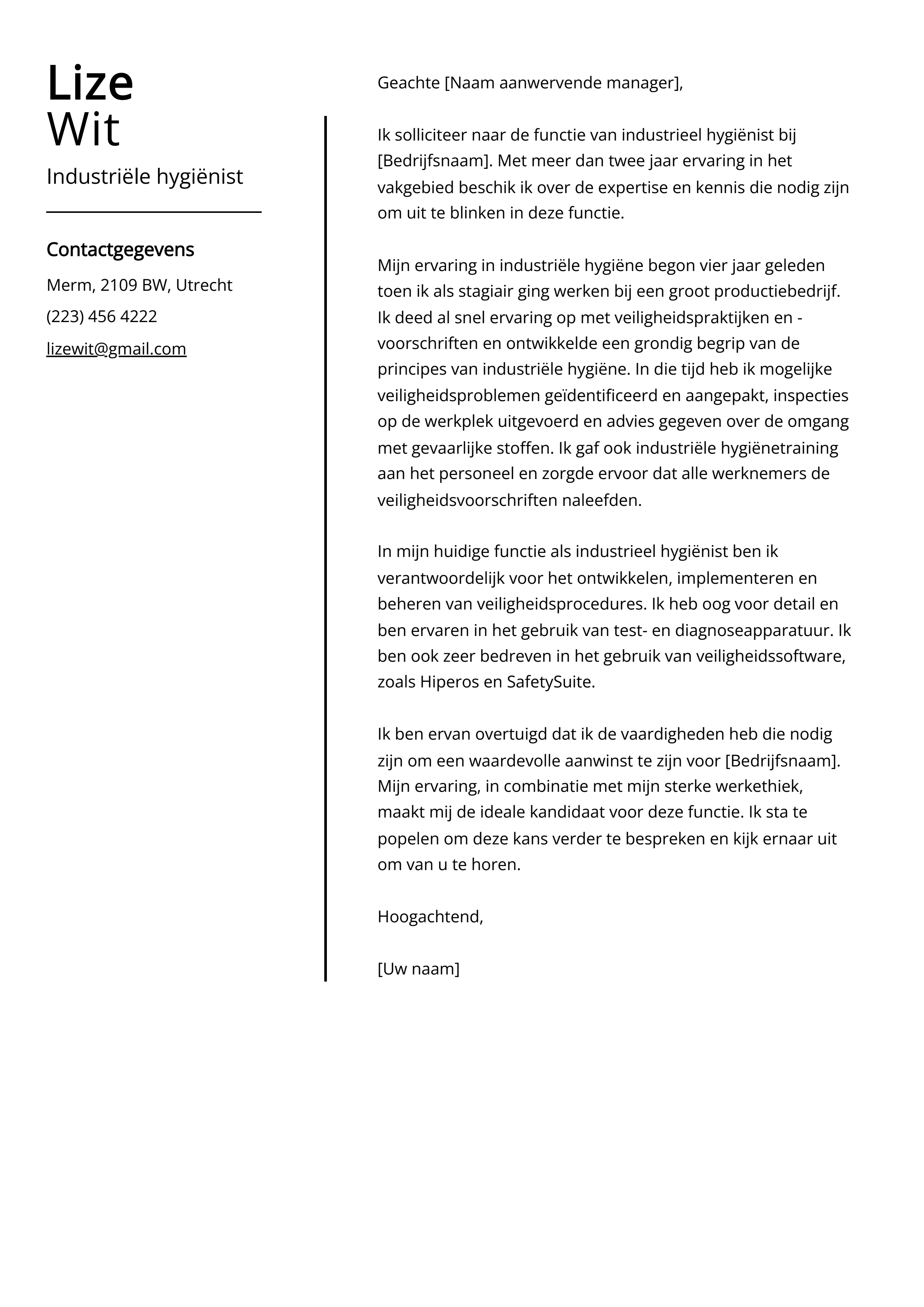 Industriële hygiënist Voorbeeld sollicitatiebrief