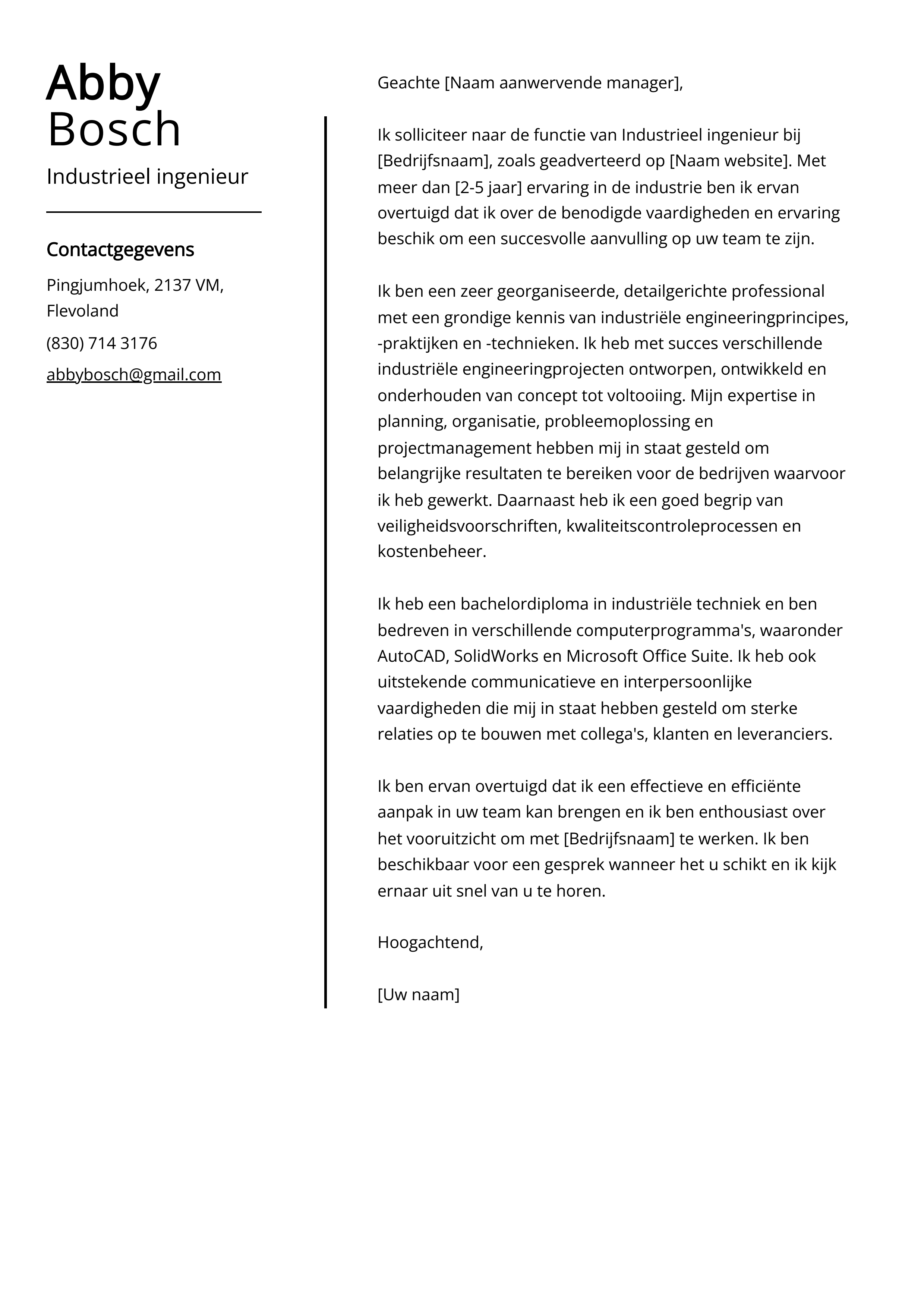 Industrieel ingenieur Sollicitatiebrief Voorbeeld