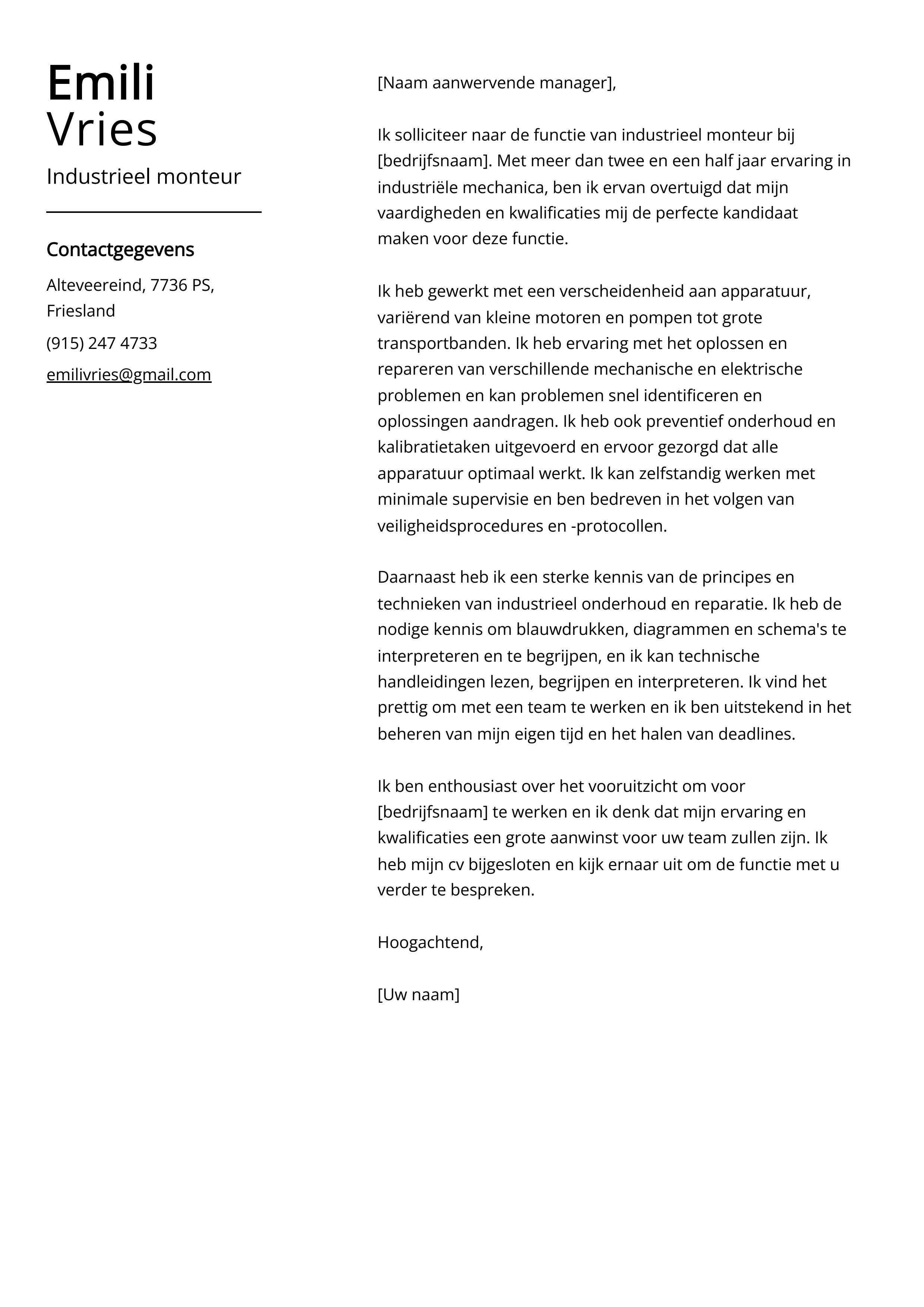 Industrieel monteur Voorbeeld sollicitatiebrief