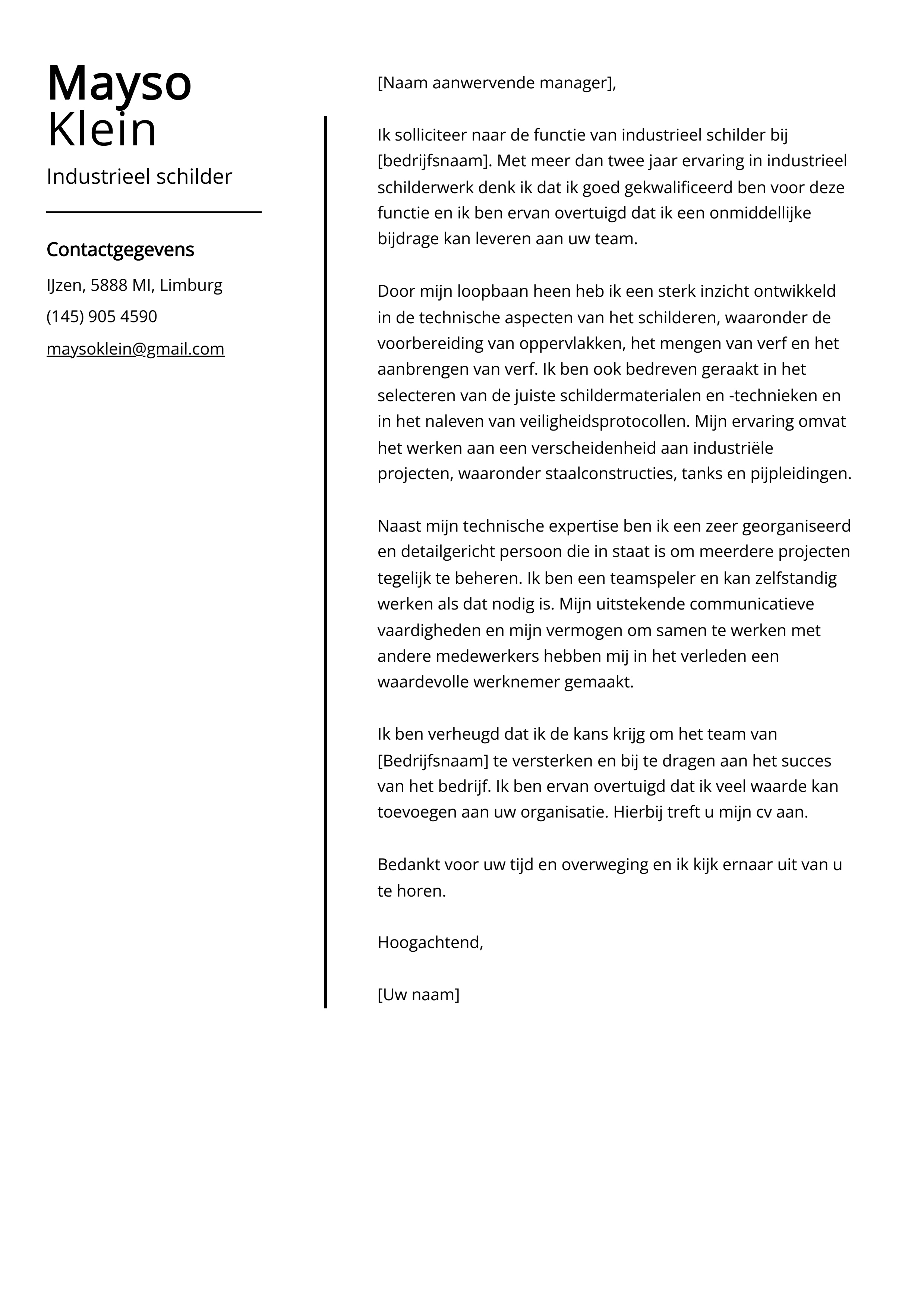 Industrieel schilder Sollicitatiebrief Voorbeeld