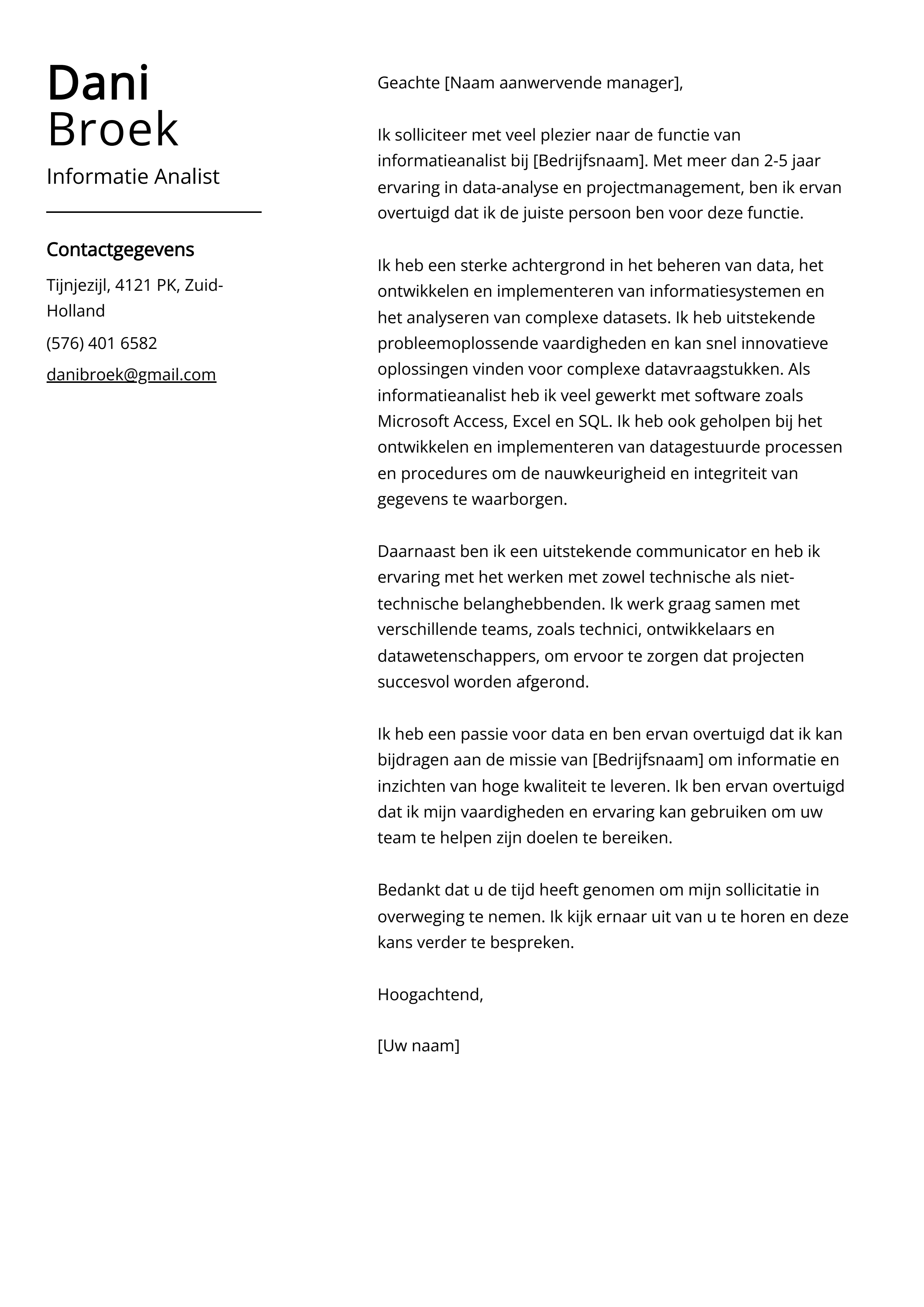 Informatie Analist Sollicitatiebrief Voorbeeld