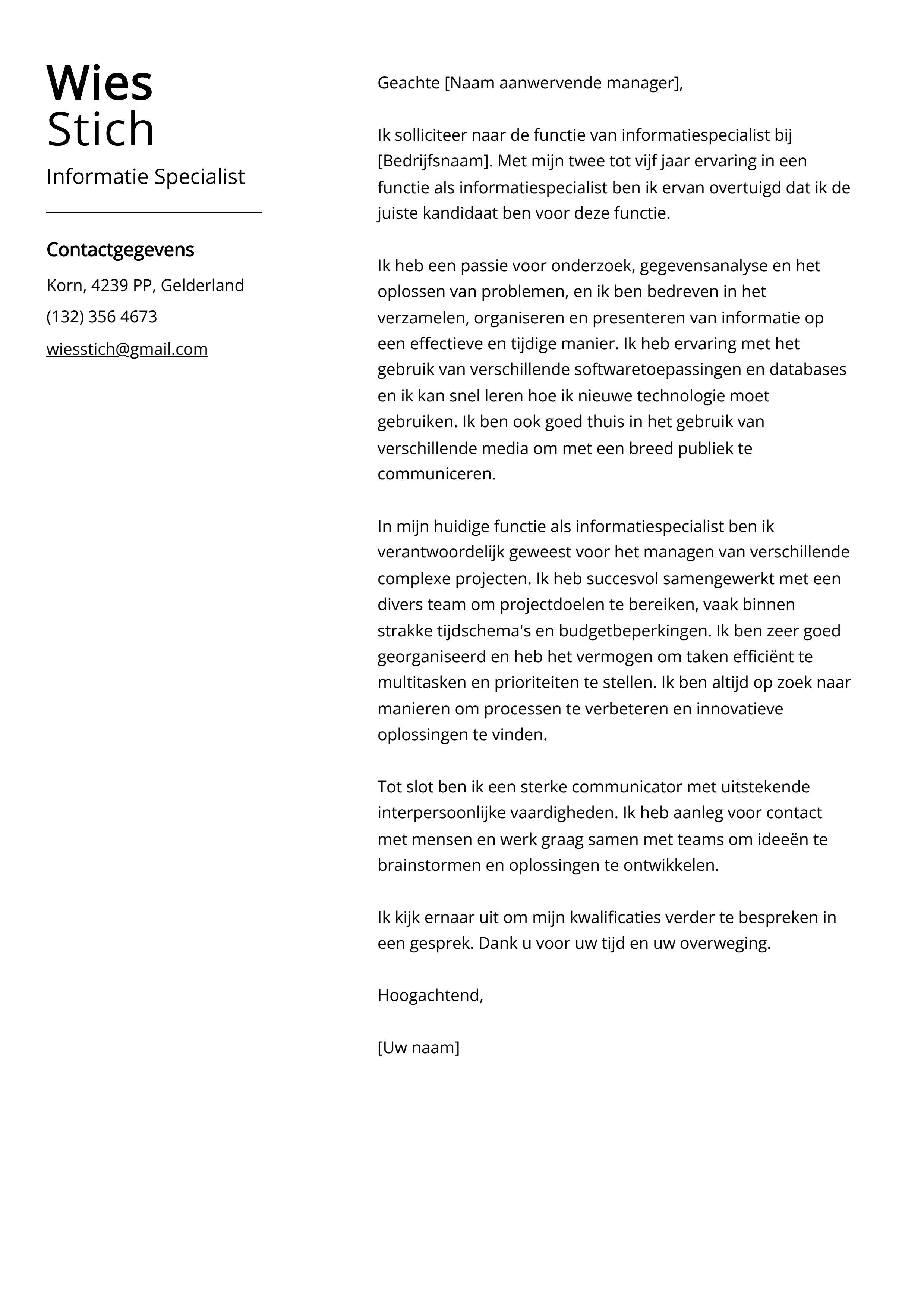 Informatie Specialist Sollicitatiebrief Voorbeeld