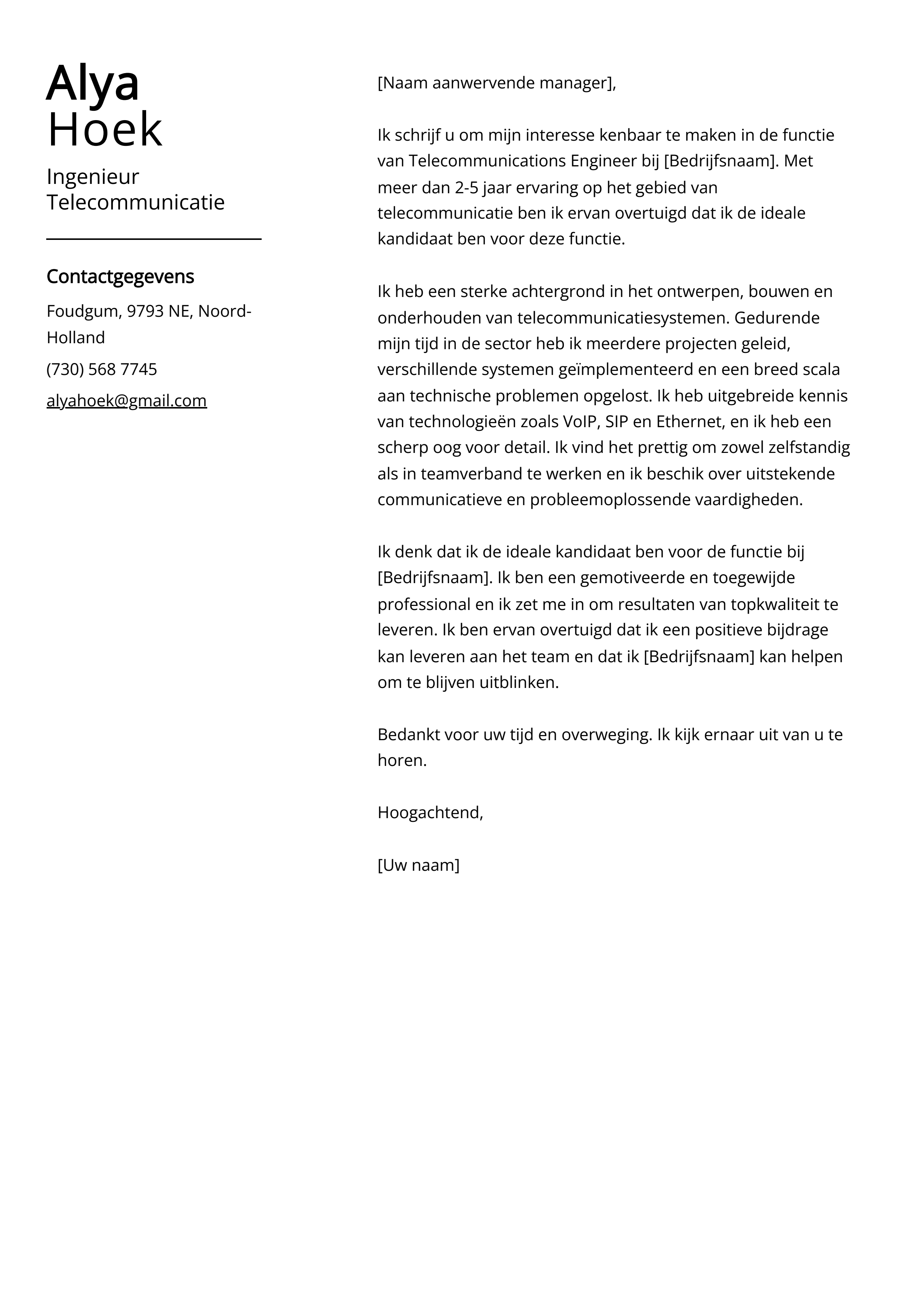 Ingenieur Telecommunicatie Cover Letter Voorbeeld