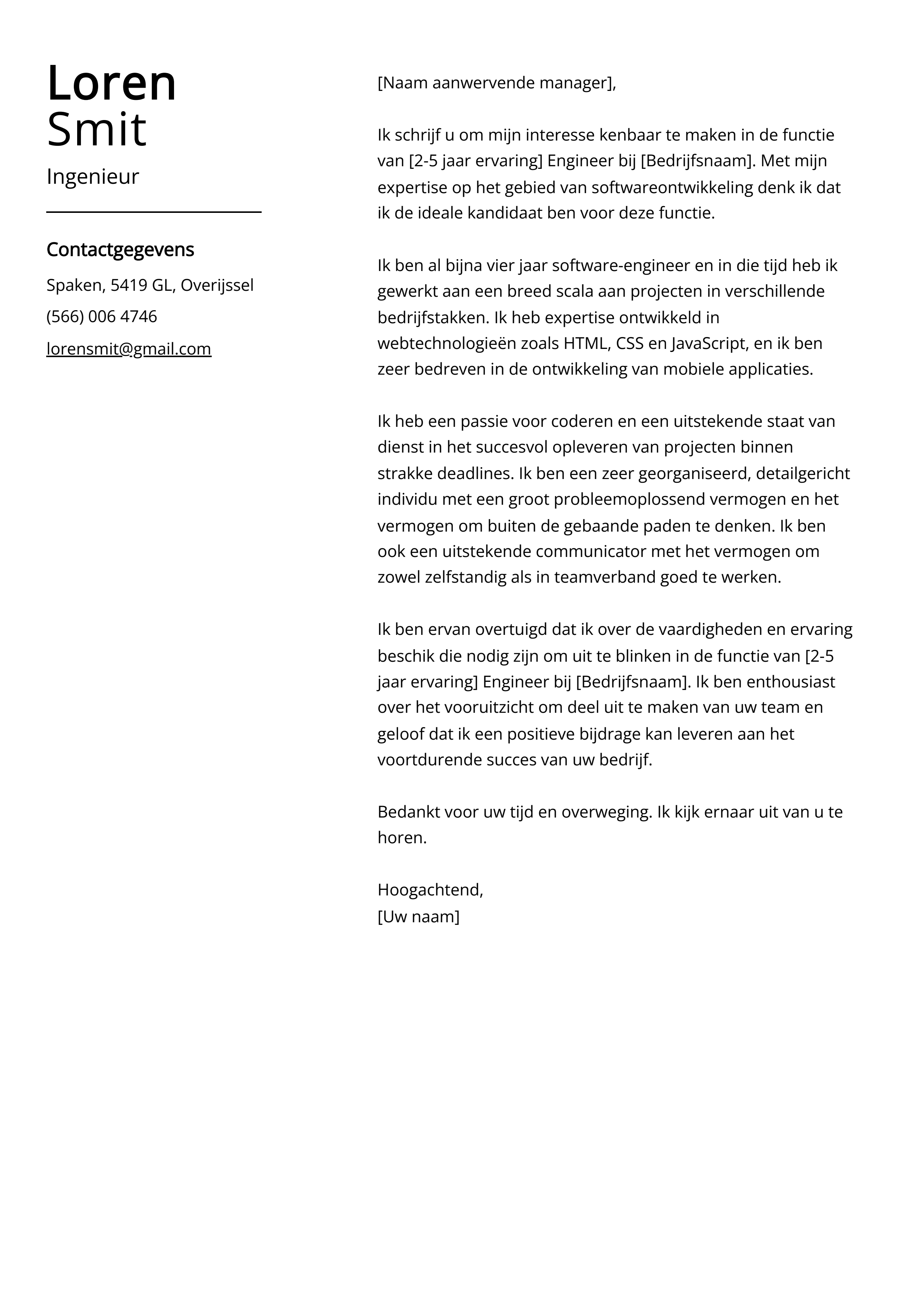 Ingenieur sollicitatiebrief voorbeeld