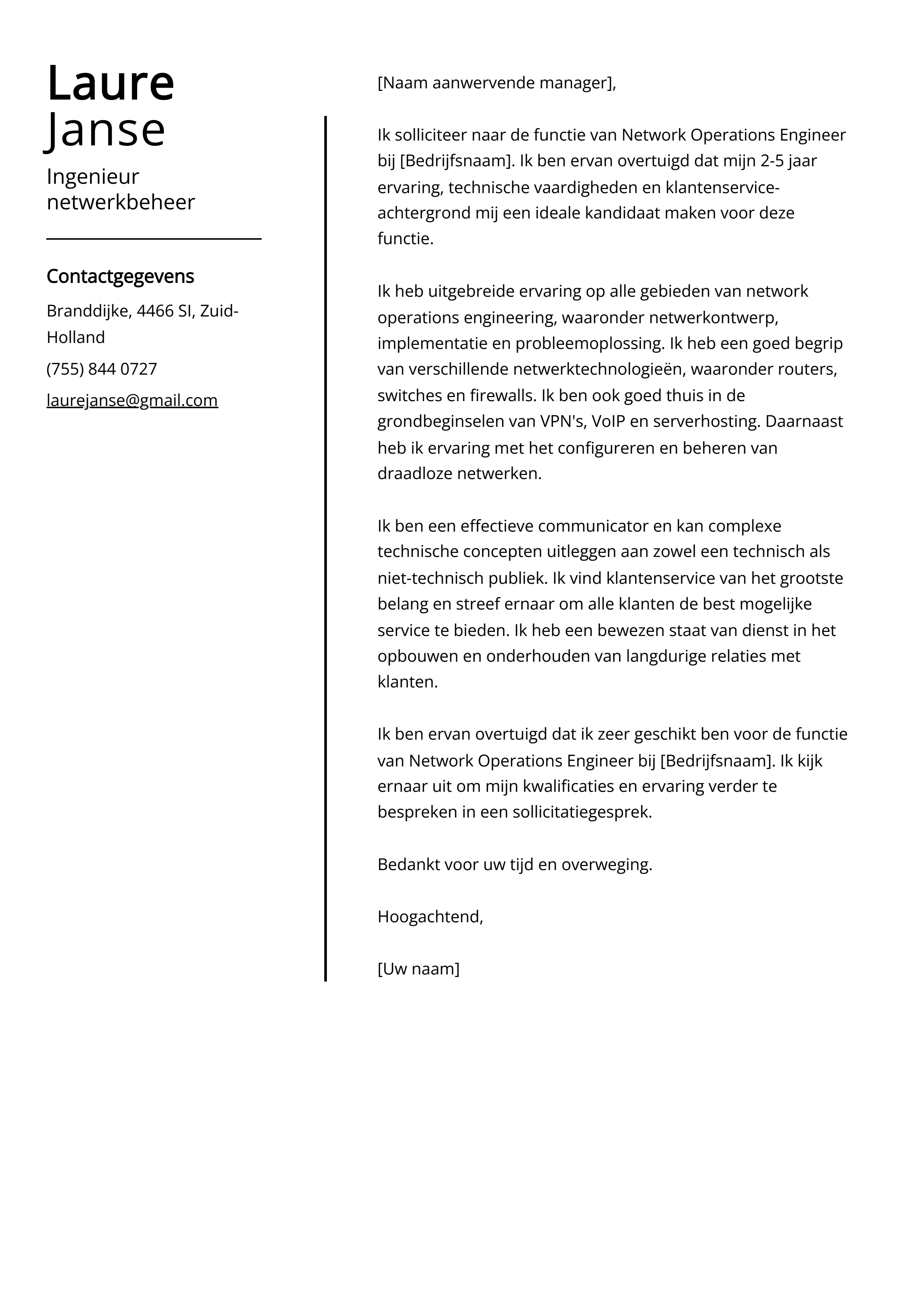 Ingenieur netwerkbeheer Cover Letter Voorbeeld