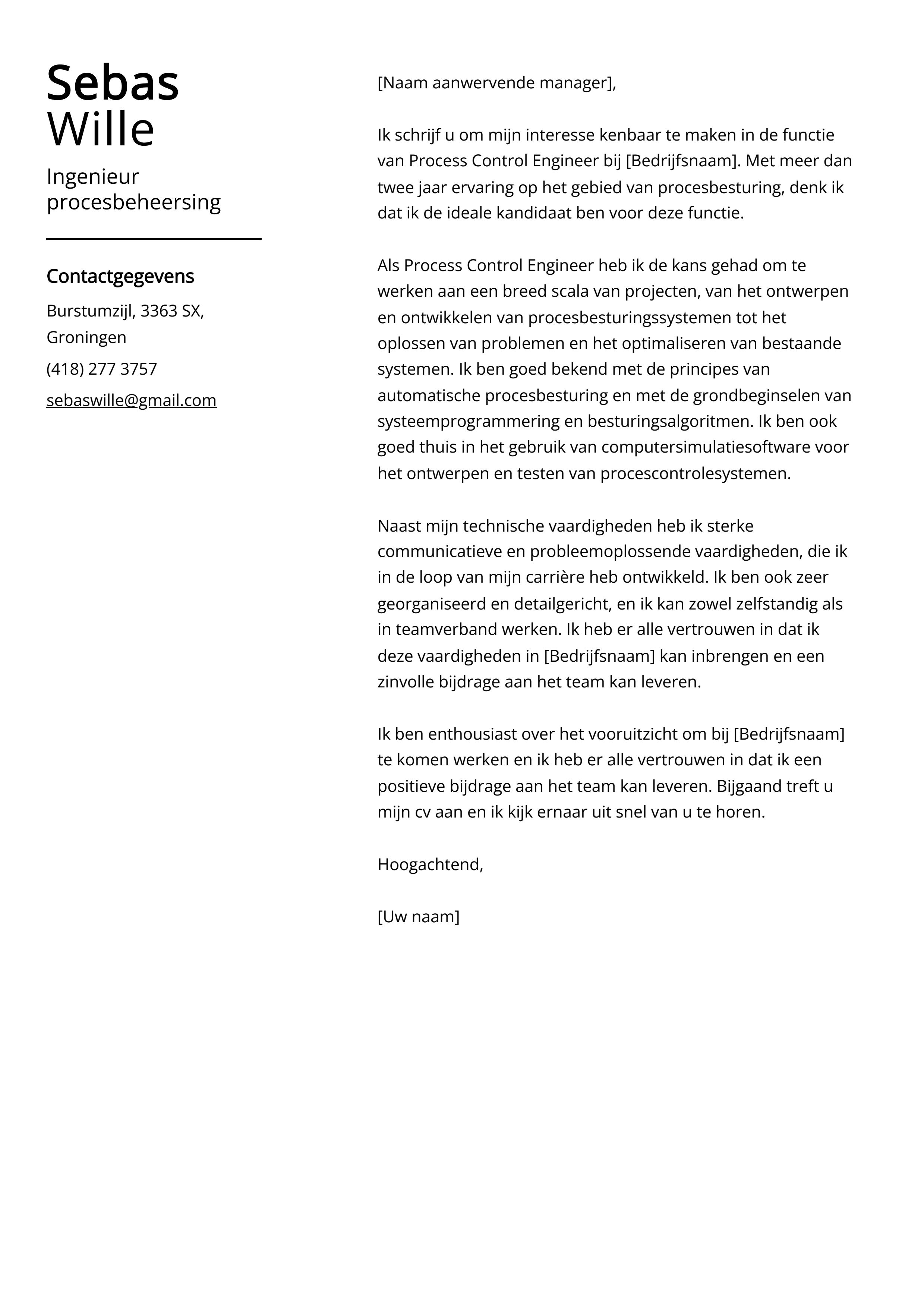 Ingenieur procesbeheersing Cover Letter Voorbeeld