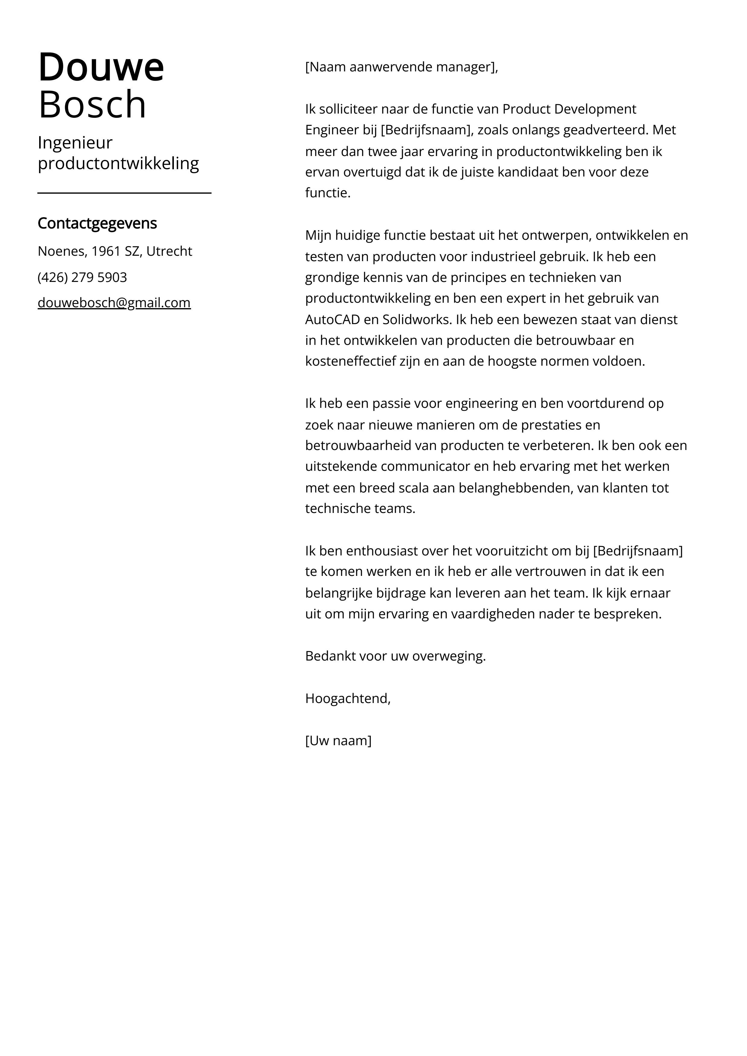 Ingenieur productontwikkeling Cover Letter Voorbeeld