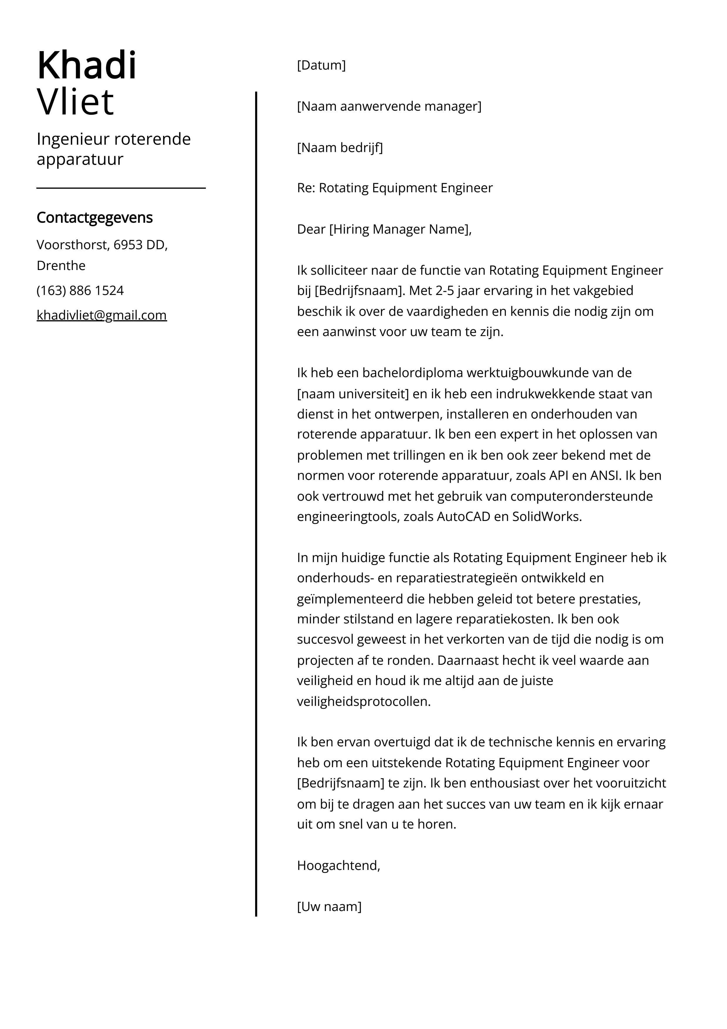 Ingenieur roterende apparatuur Voorbeeld sollicitatiebrief