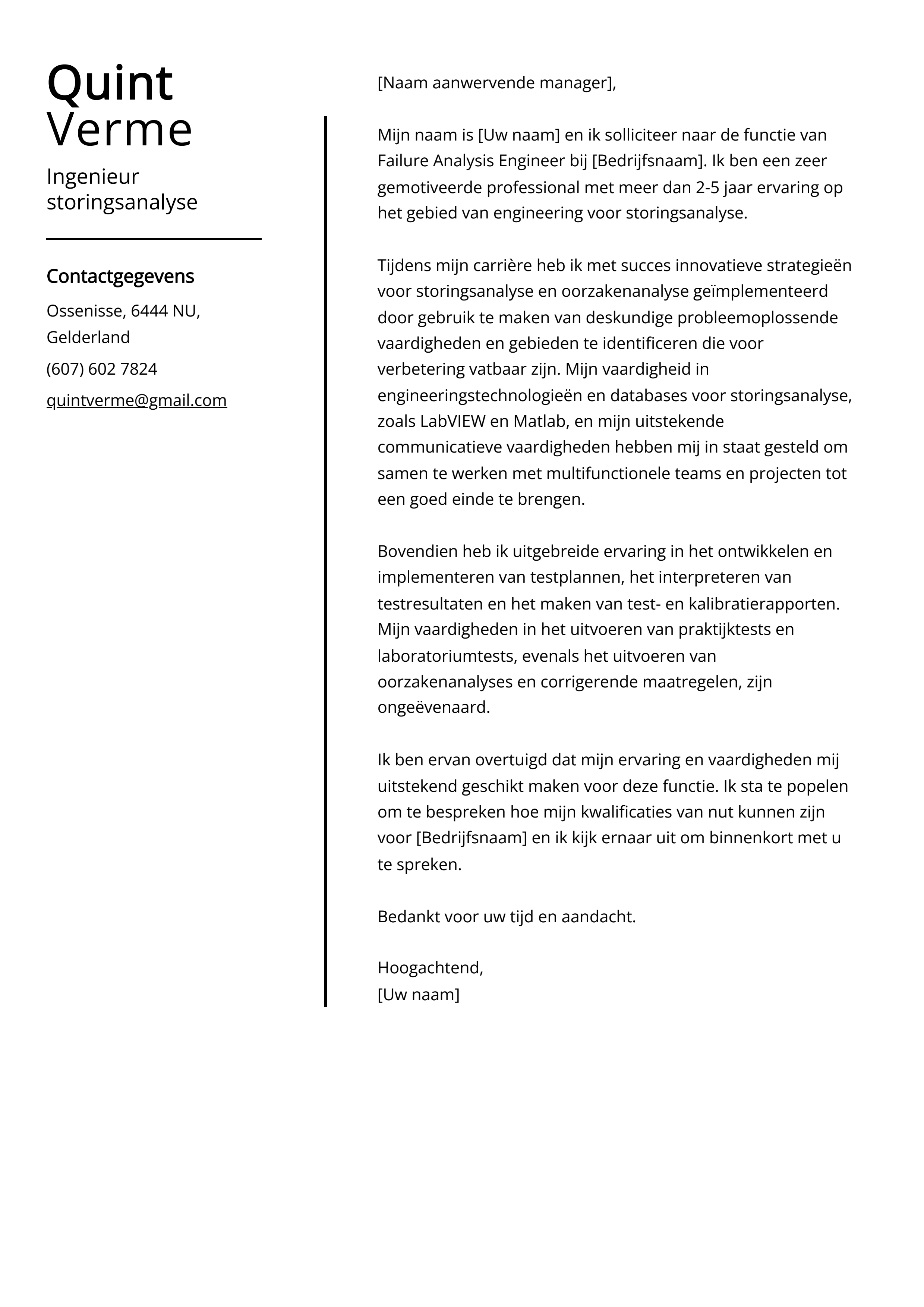 Ingenieur storingsanalyse Voorbeeld sollicitatiebrief