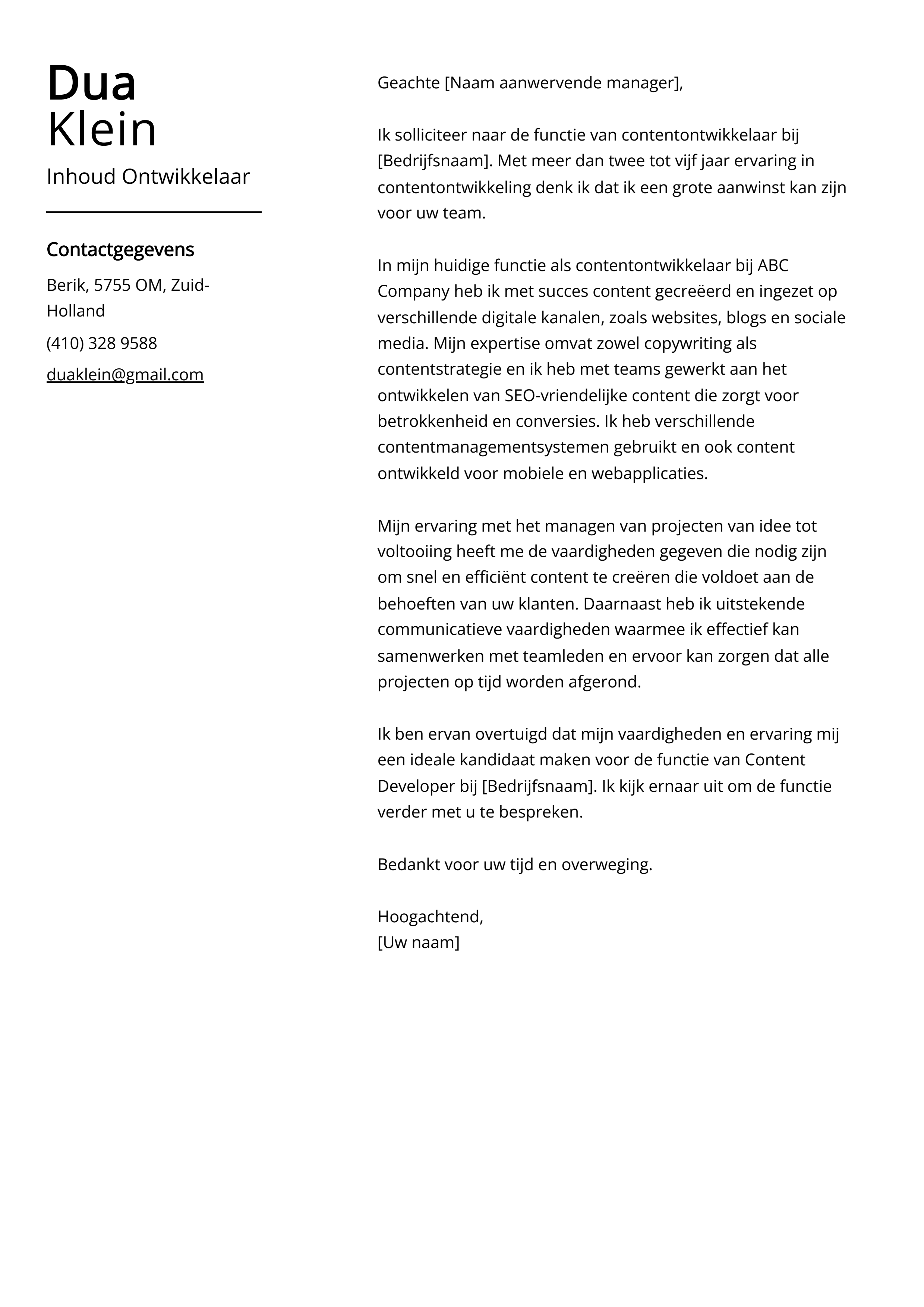 Inhoud Ontwikkelaar Cover Letter Voorbeeld