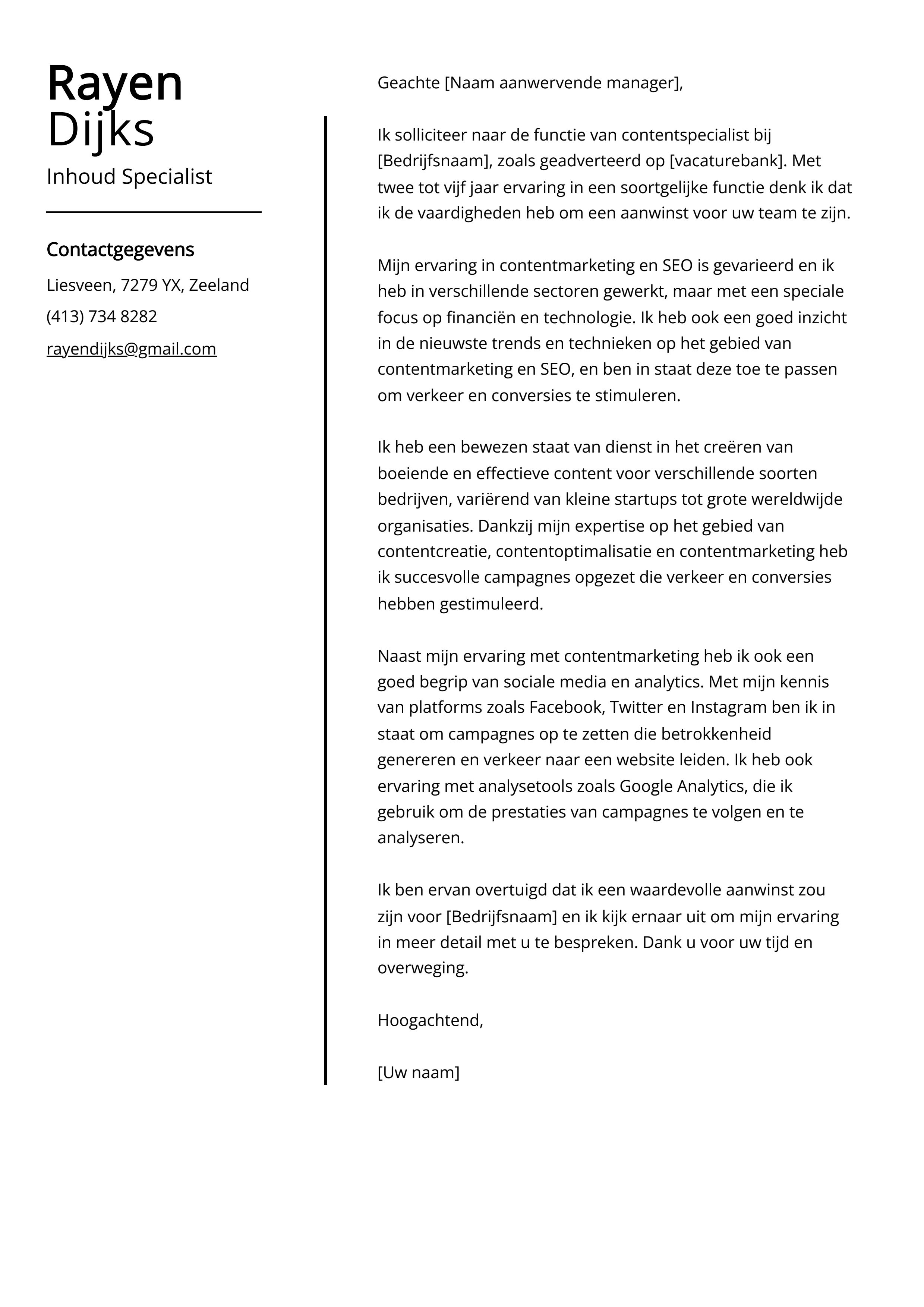 Inhoud Specialist Cover Letter Voorbeeld