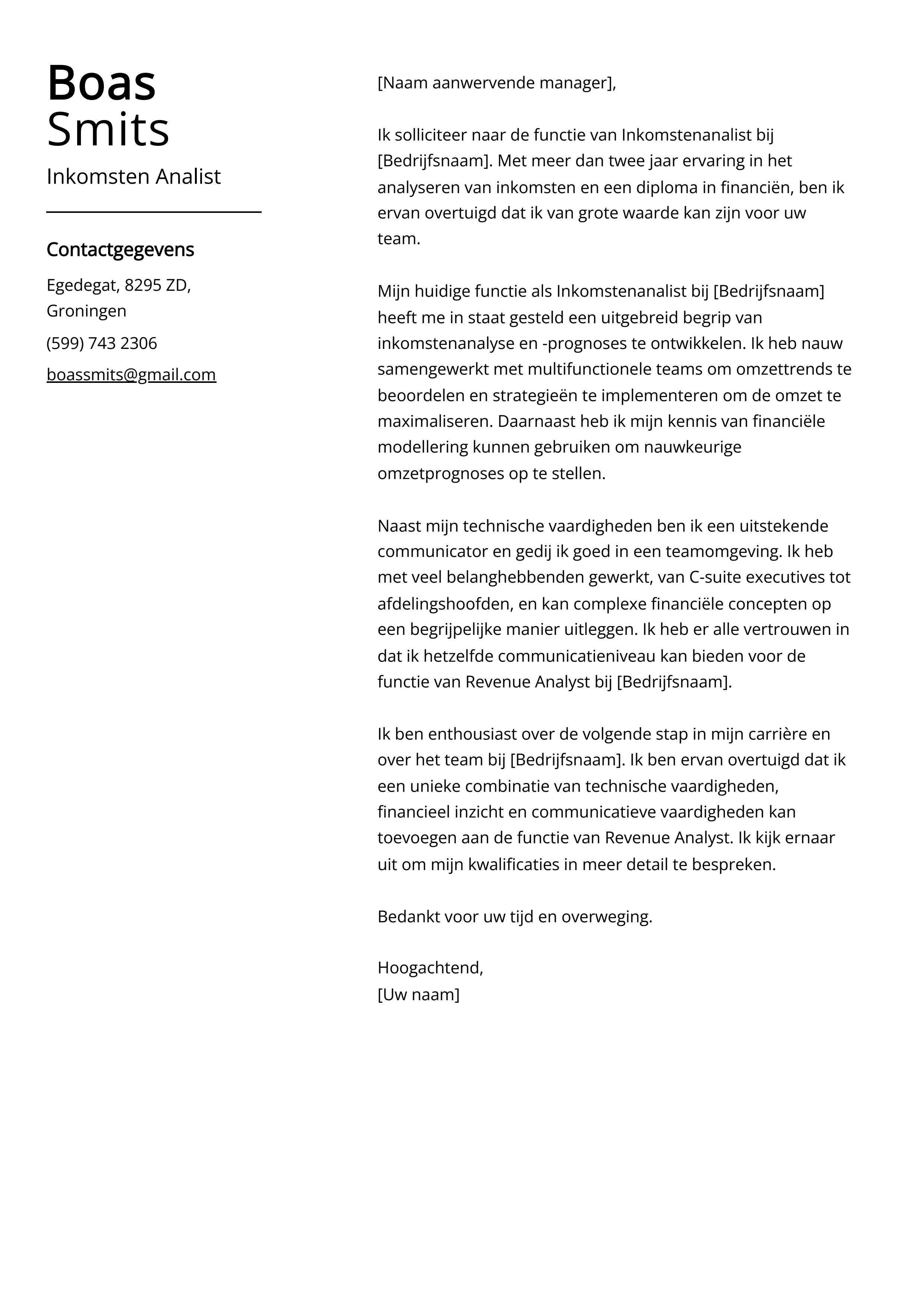 Inkomsten Analist Cover Letter Voorbeeld